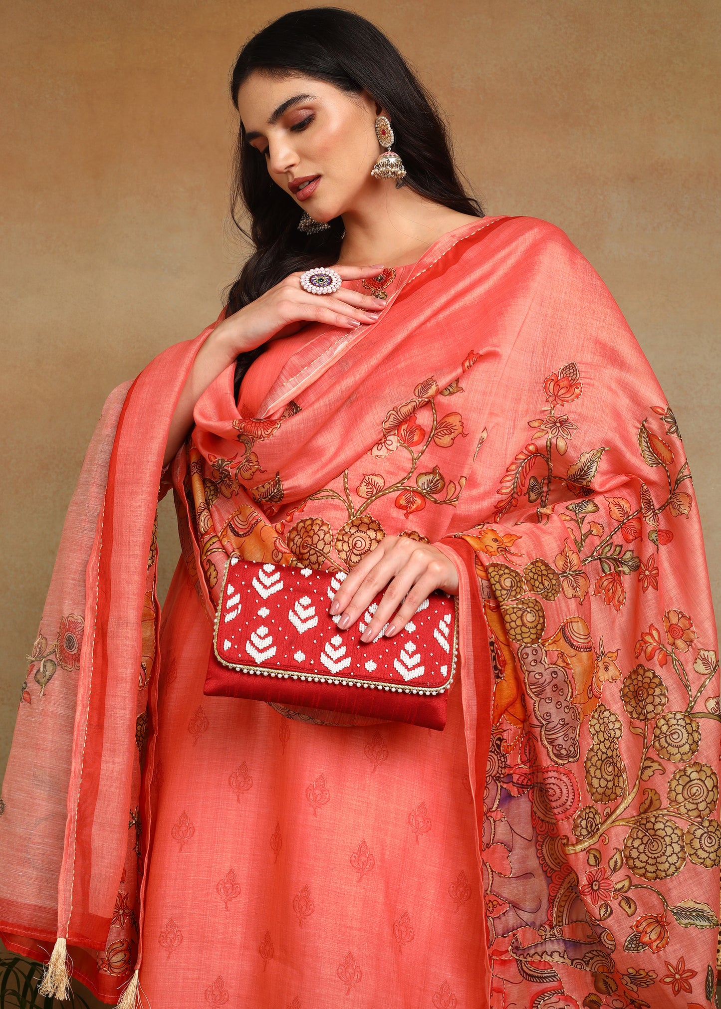 Women's Peach Ethnic Motif Printed Kurta with Kantha & Sequin Work, Paired with Trousers and Dupatta