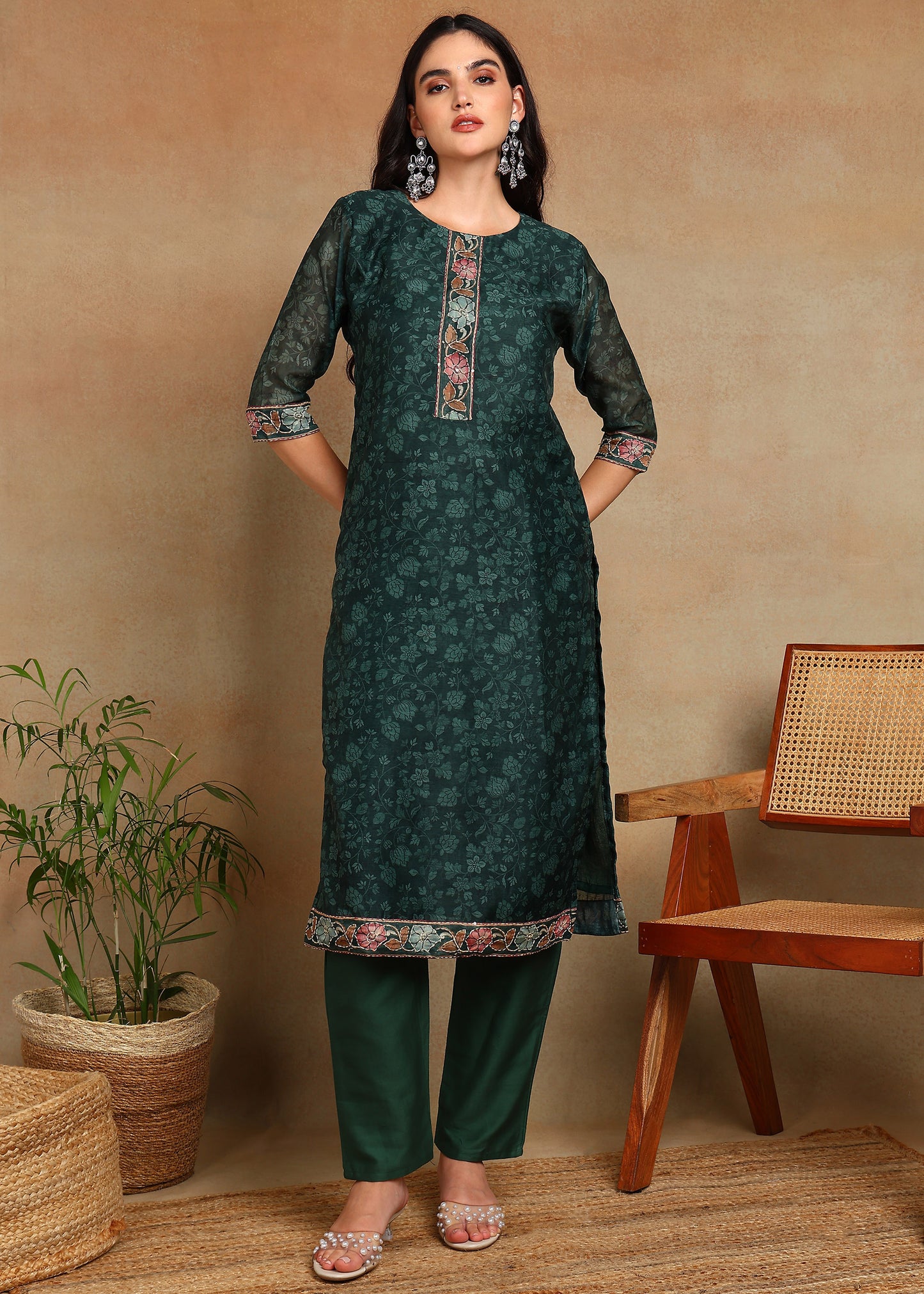 Women's Green Ethnic Motif Printed Kurta with Kantha & Sequin Work, Paired with Trousers and Dupatta