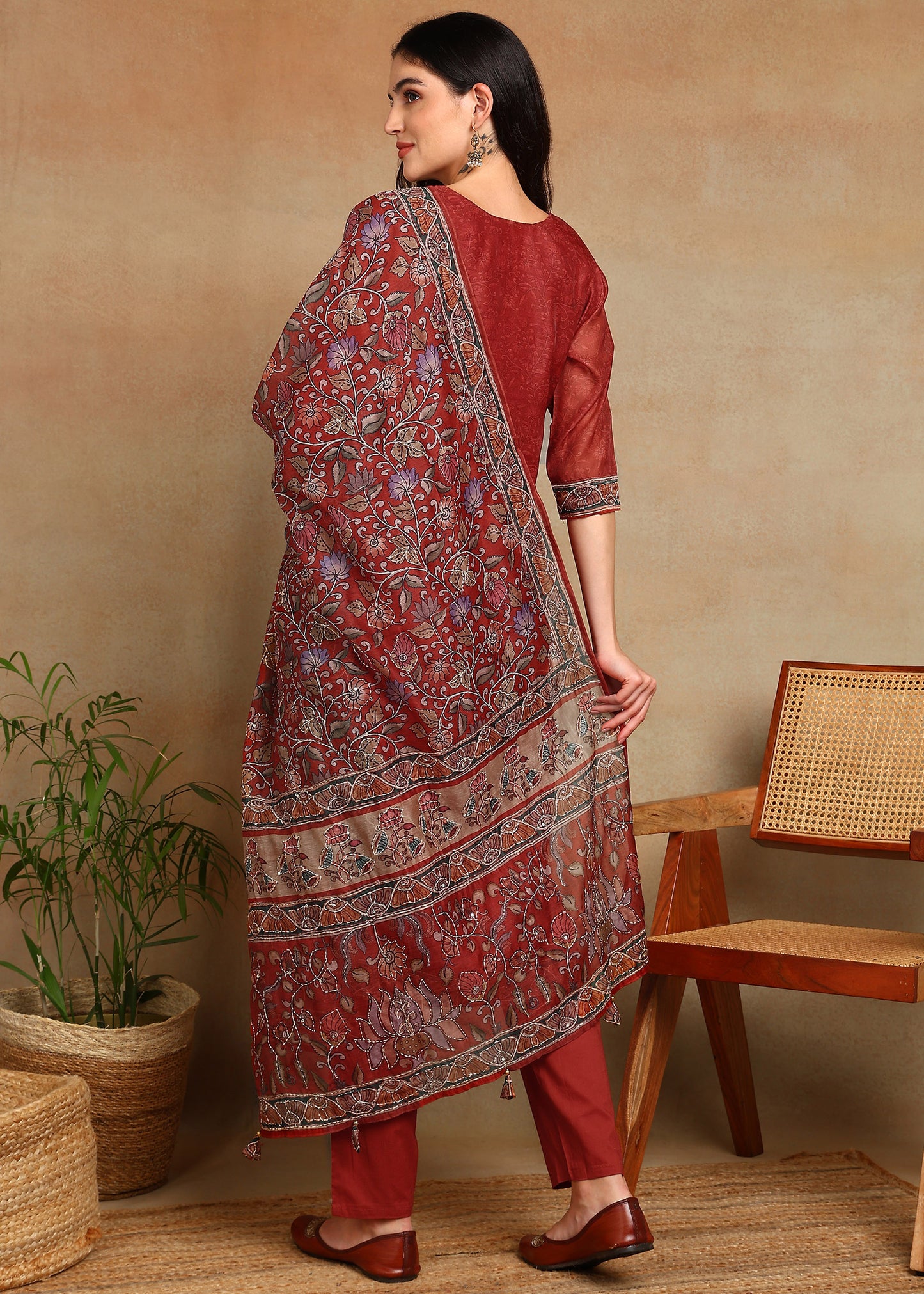 Women's Maroon  Ethnic Motif Printed Kurta with Kantha & Sequin Work, Paired with Trousers and Dupatta