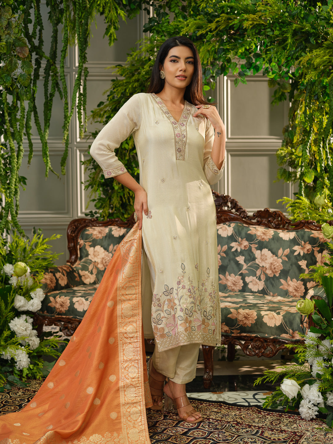 Off White Embroidered Kurta Set with Rust Orange Banarasi Dupatta