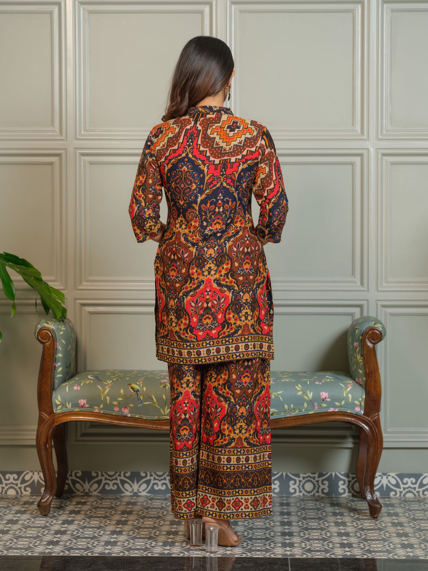 Ajrak Printed with embroidered Top with Palazzos Co-Ords