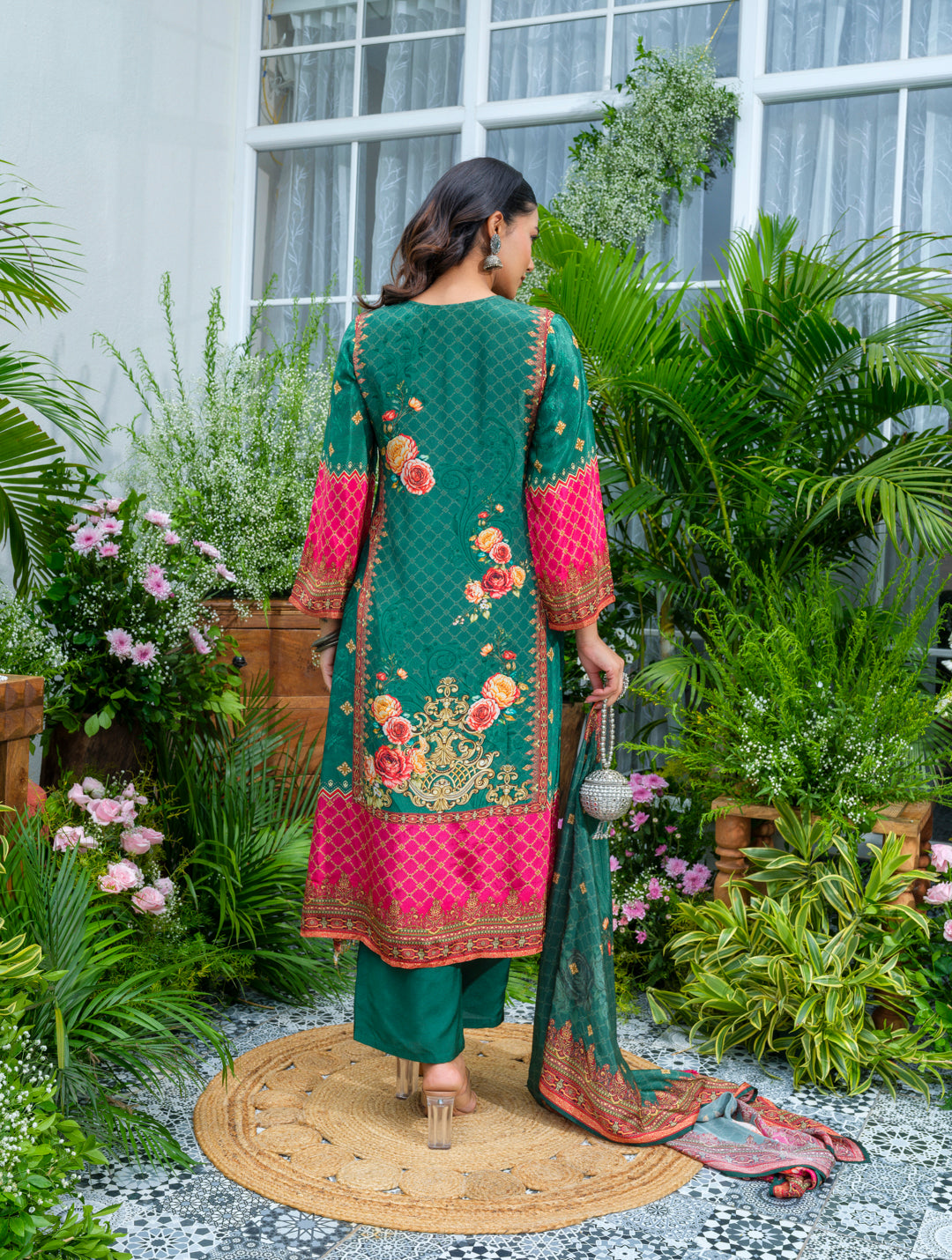 Elegant Green And Pink Floral Embroidered Kurta With Dupatta