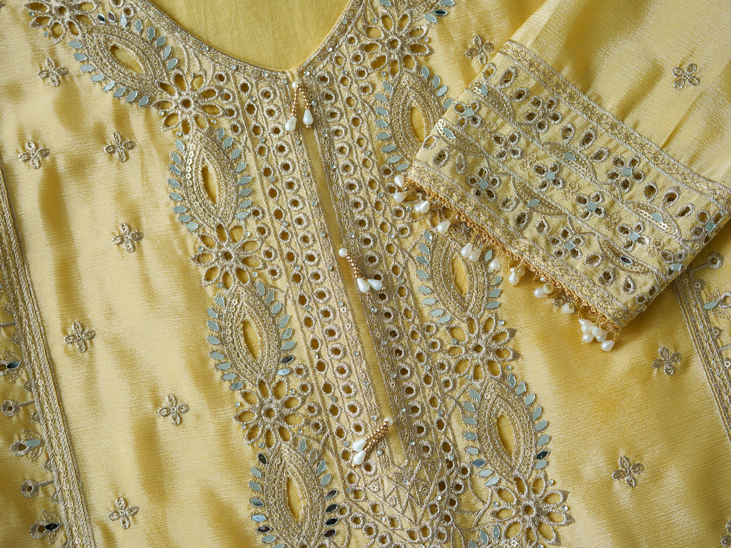 Embroidered Mirror and Cut Work Pakistani Kurta with Trouser and Dupatta Set