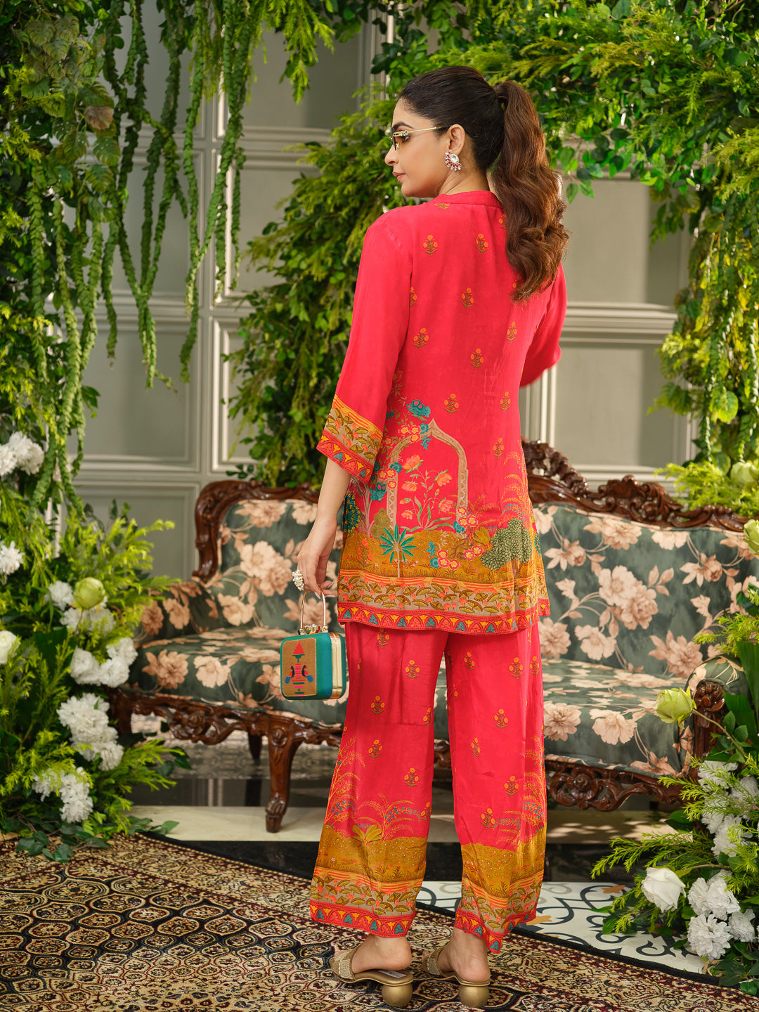 Red Digital Print Co-ord Set with Heavy Handwork