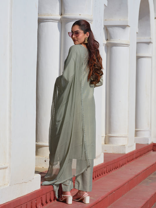 Olive Chinon Crochet Embroidered Kurta with Trousers & Nazneen Dupatta