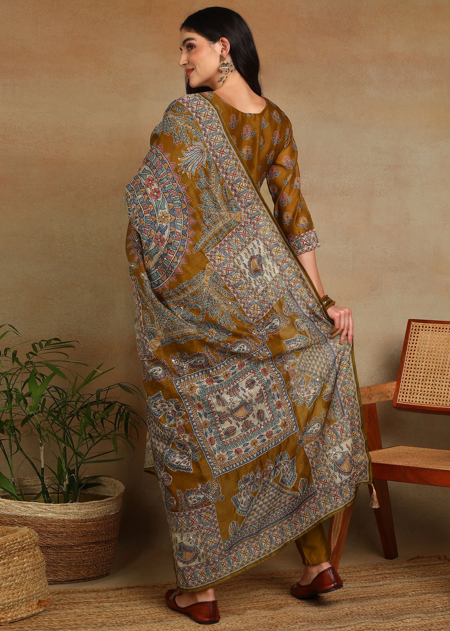 Women's Olive Green Ethnic Motif Printed Kurta with Kantha & Sequin Work, Paired with Trousers and Dupatta