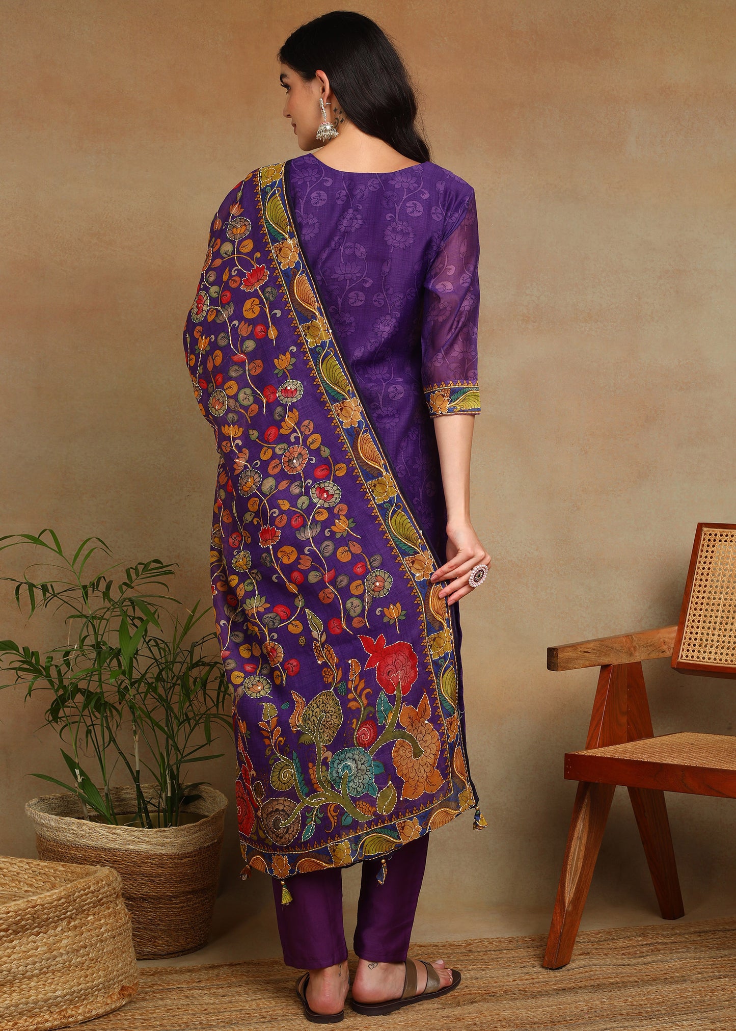 Women's Purple Ethnic Motif Printed Kurta with Kantha & Sequin Work, Paired with Trousers and Dupatta
