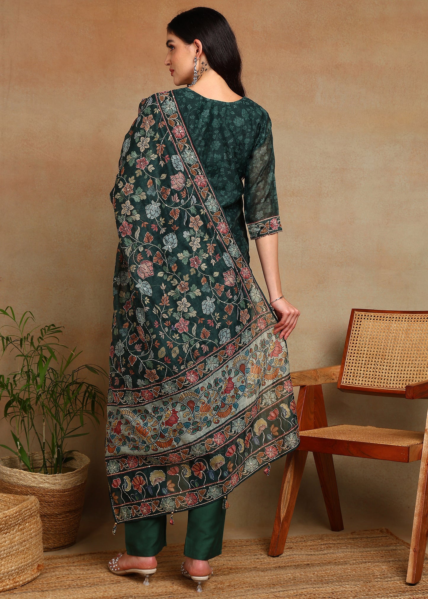 Women's Green Ethnic Motif Printed Kurta with Kantha & Sequin Work, Paired with Trousers and Dupatta