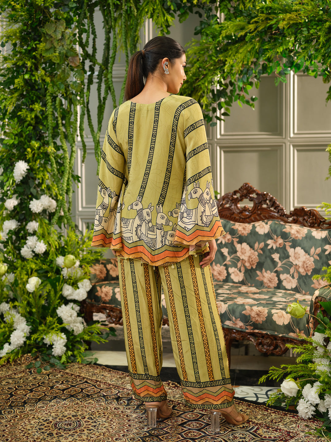 Olive Green Ethnic Printed Natural Crepe Silk Co-Ord Set with Poncho Top