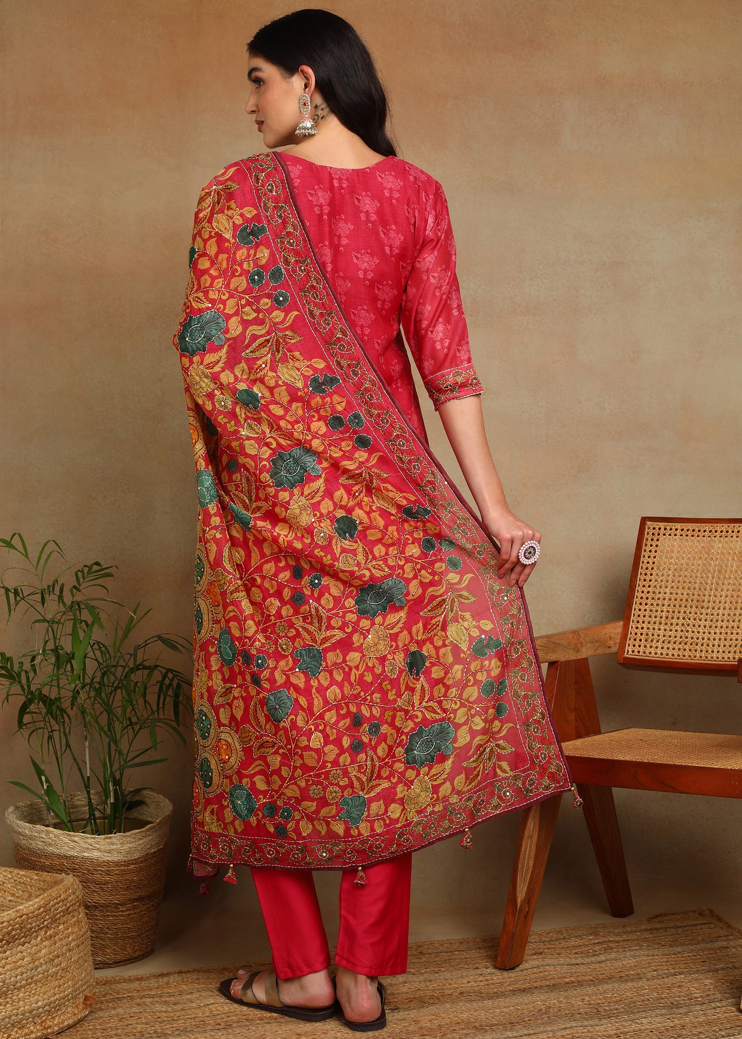 Women's Pink Ethnic Motif Printed Kurta with Kantha & Sequin Work, Paired with Trousers and Dupatta