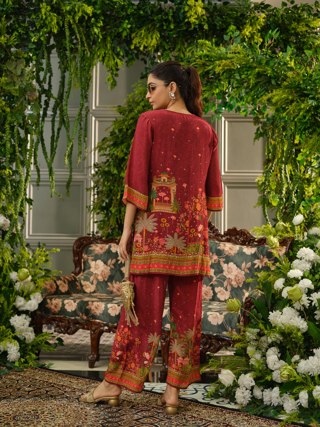 Maroon Digital Print Co-ord Set with Heavy Handwork