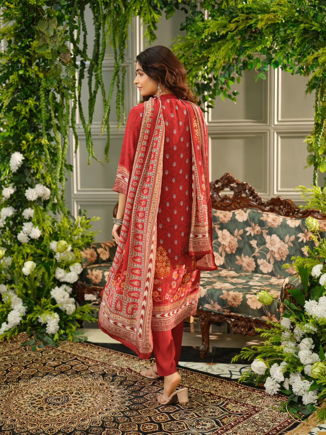 Red Digital Print Kurta Set with Heavy Handwork & Dupatta