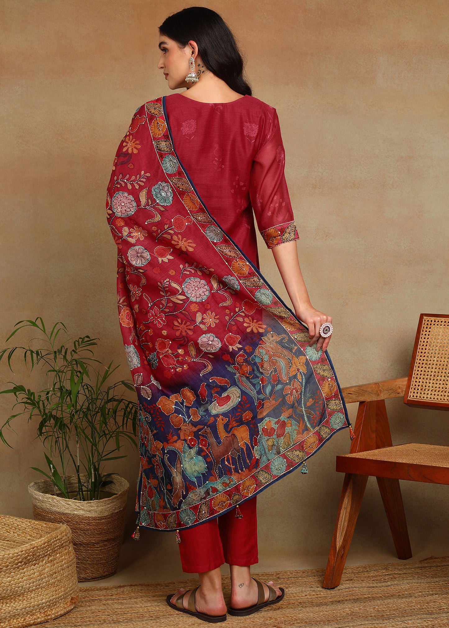 Women's Red Ethnic Motif Printed Kurta with Kantha & Sequin Work, Paired with Trousers and Dupatta