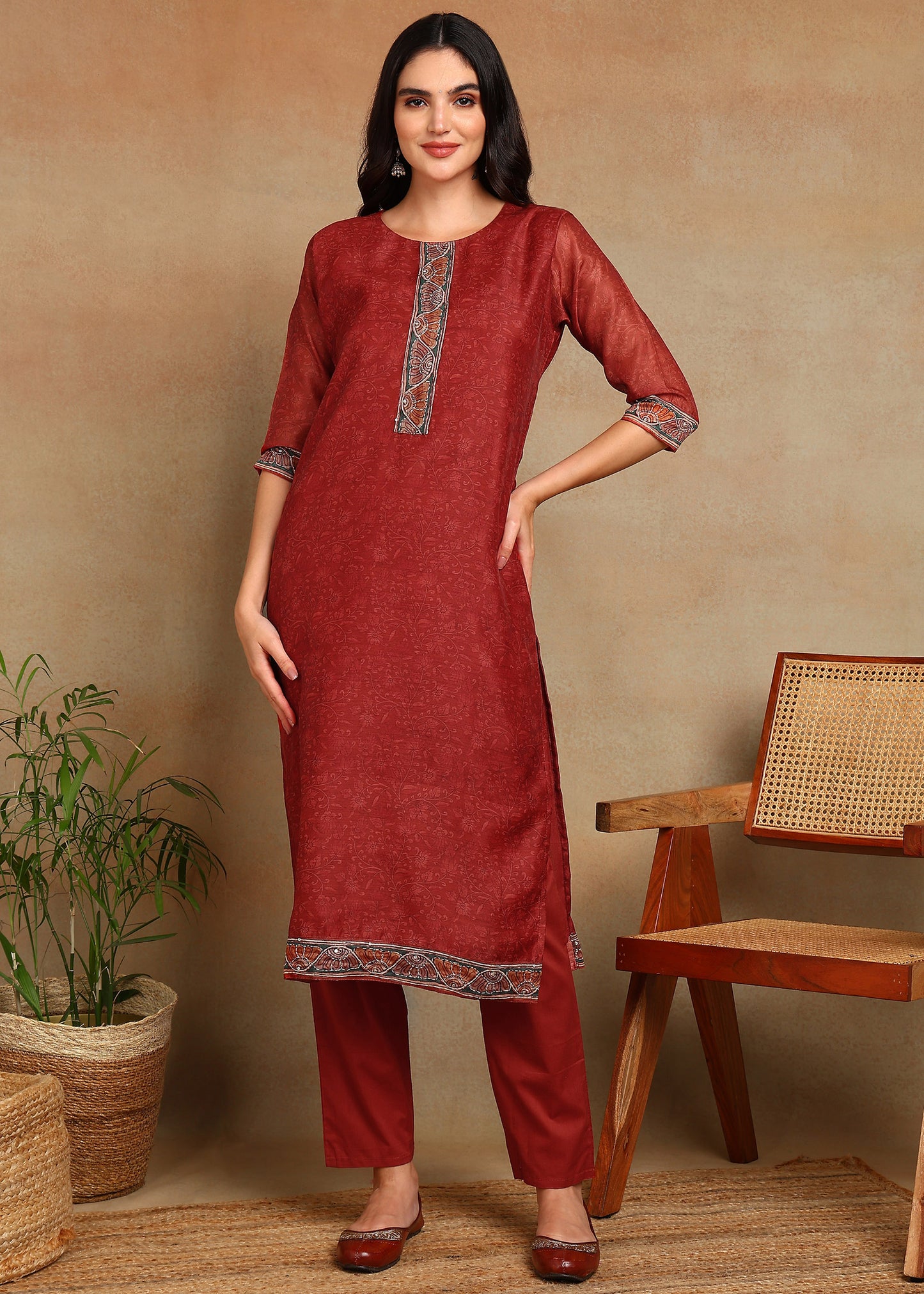 Women's Maroon  Ethnic Motif Printed Kurta with Kantha & Sequin Work, Paired with Trousers and Dupatta