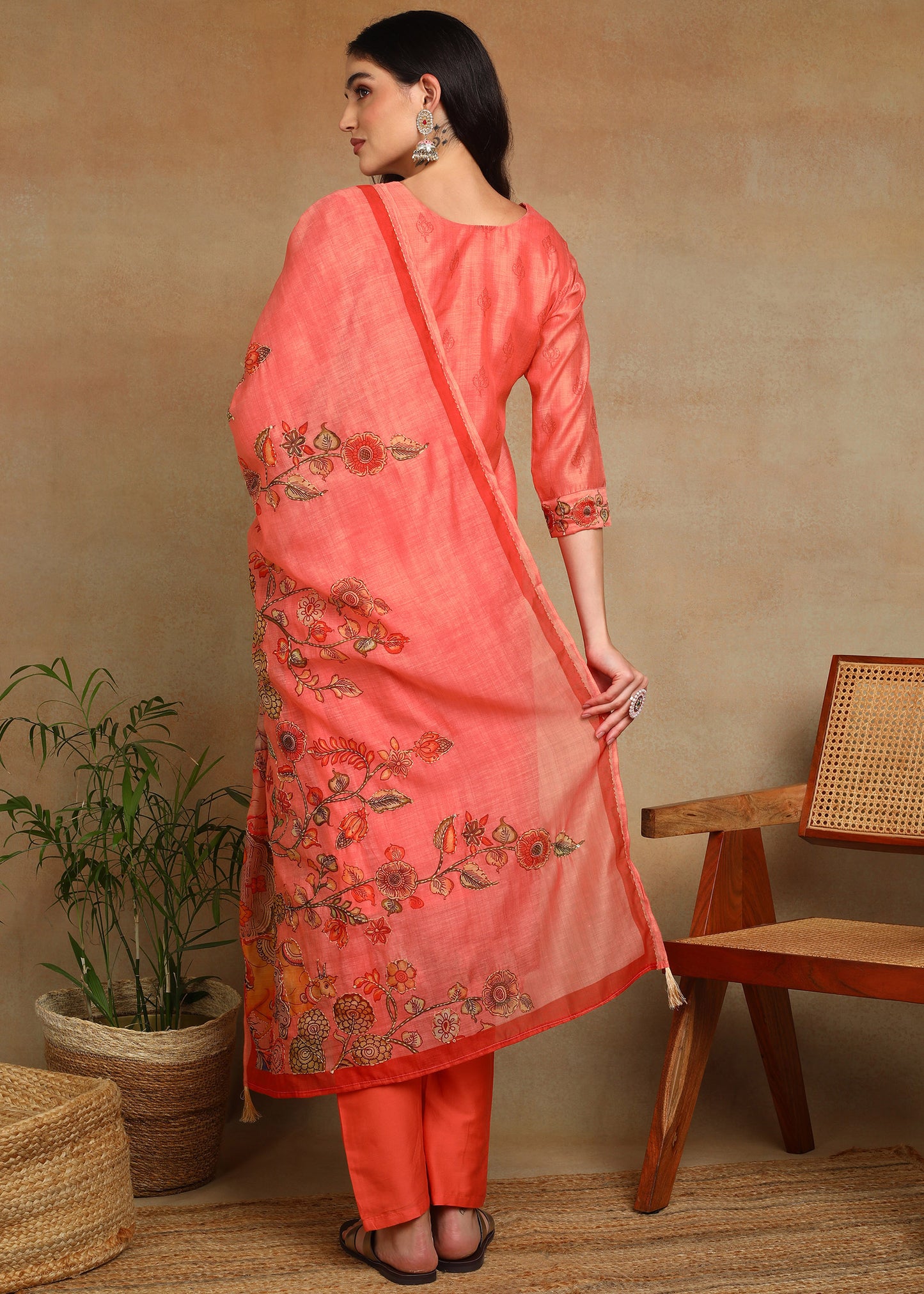Women's Peach Ethnic Motif Printed Kurta with Kantha & Sequin Work, Paired with Trousers and Dupatta