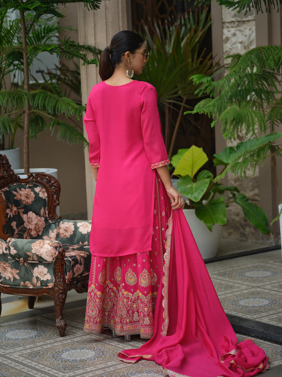 Embroidered Sequinned Work Straight Kurta & Sharara With Dupatta
