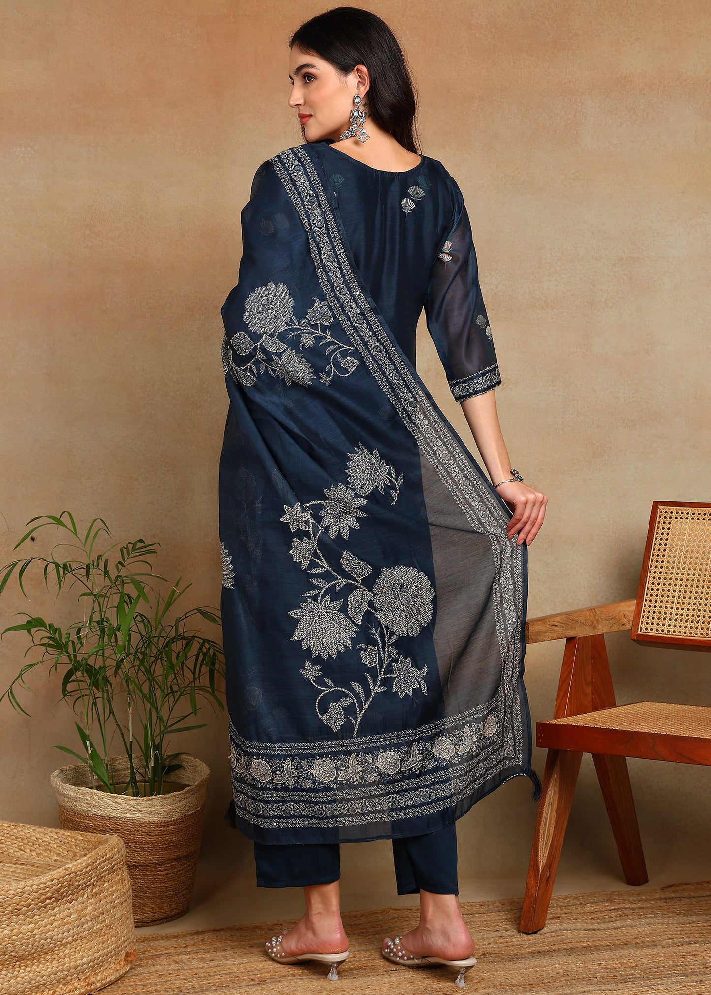 Women's Navy-Blue Ethnic Motif Printed Kurta with Kantha & Sequin Work, Paired with Trousers and Dupatta