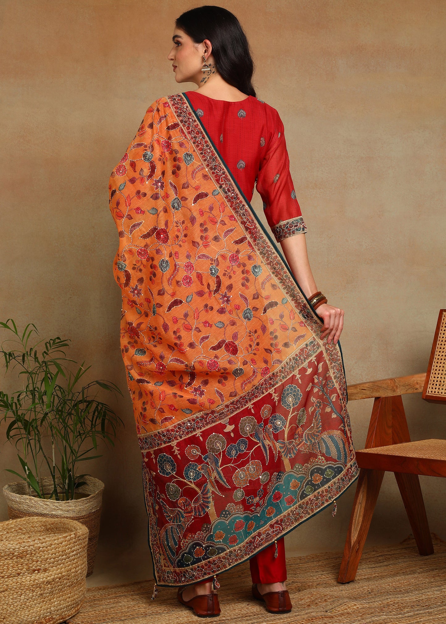 Women's Red Ethnic Motif Printed Kurta with Kantha & Sequin Work, Paired with Trousers and Dupatta