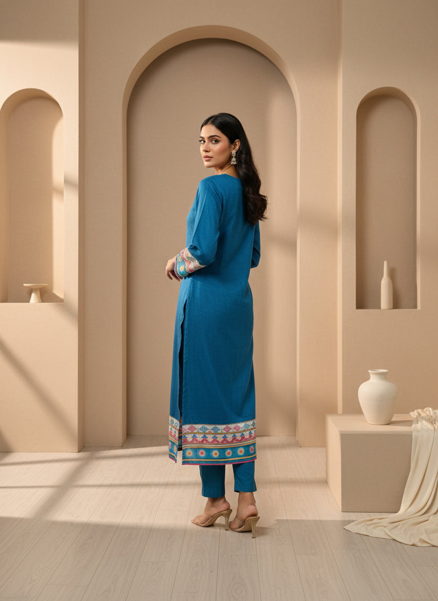 Striped V-Neck Kurta & Trousers With Dupatta