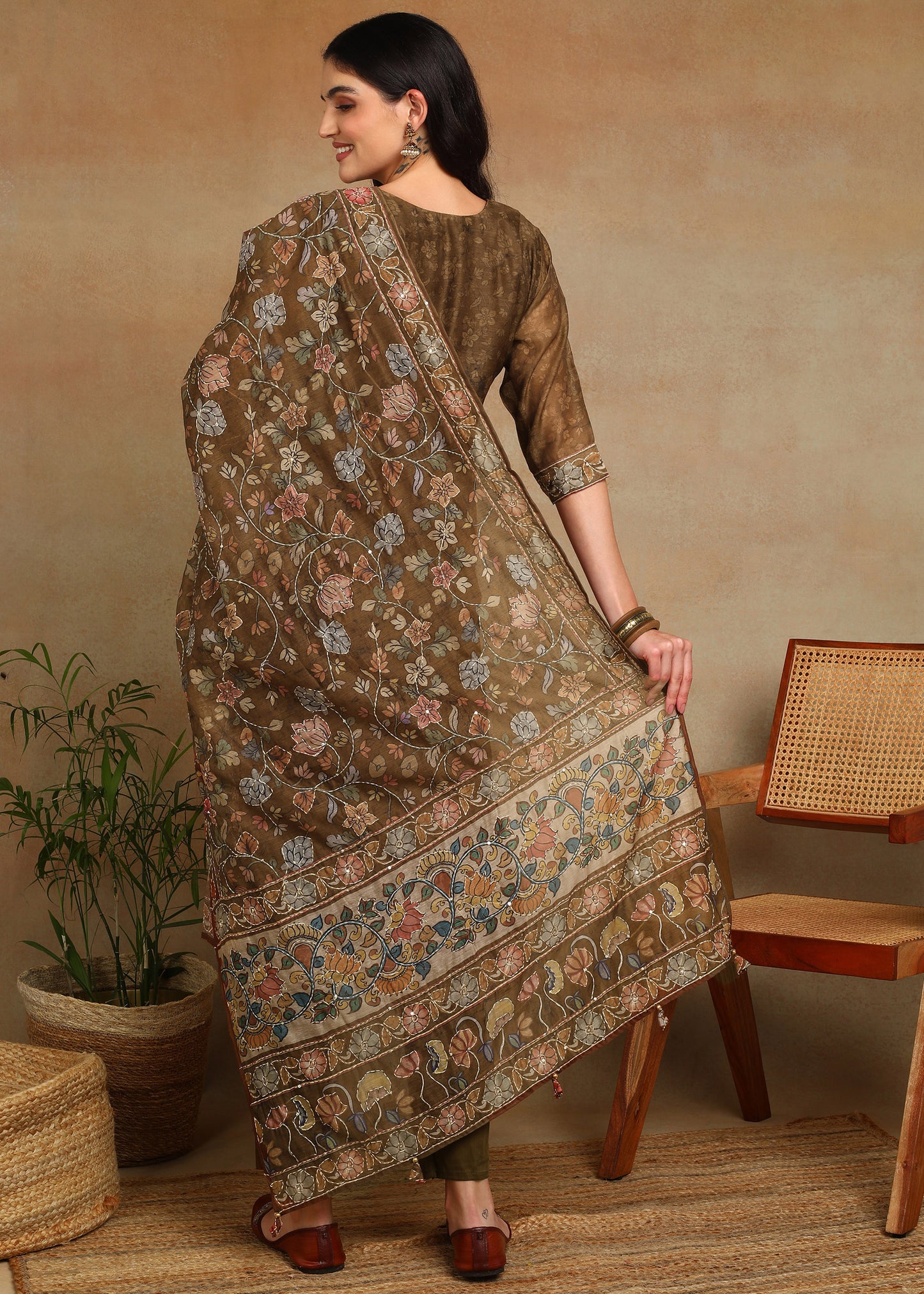 Women's Mustard Ethnic Motif Printed Kurta with Kantha & Sequin Work, Paired with Trousers and Dupatta