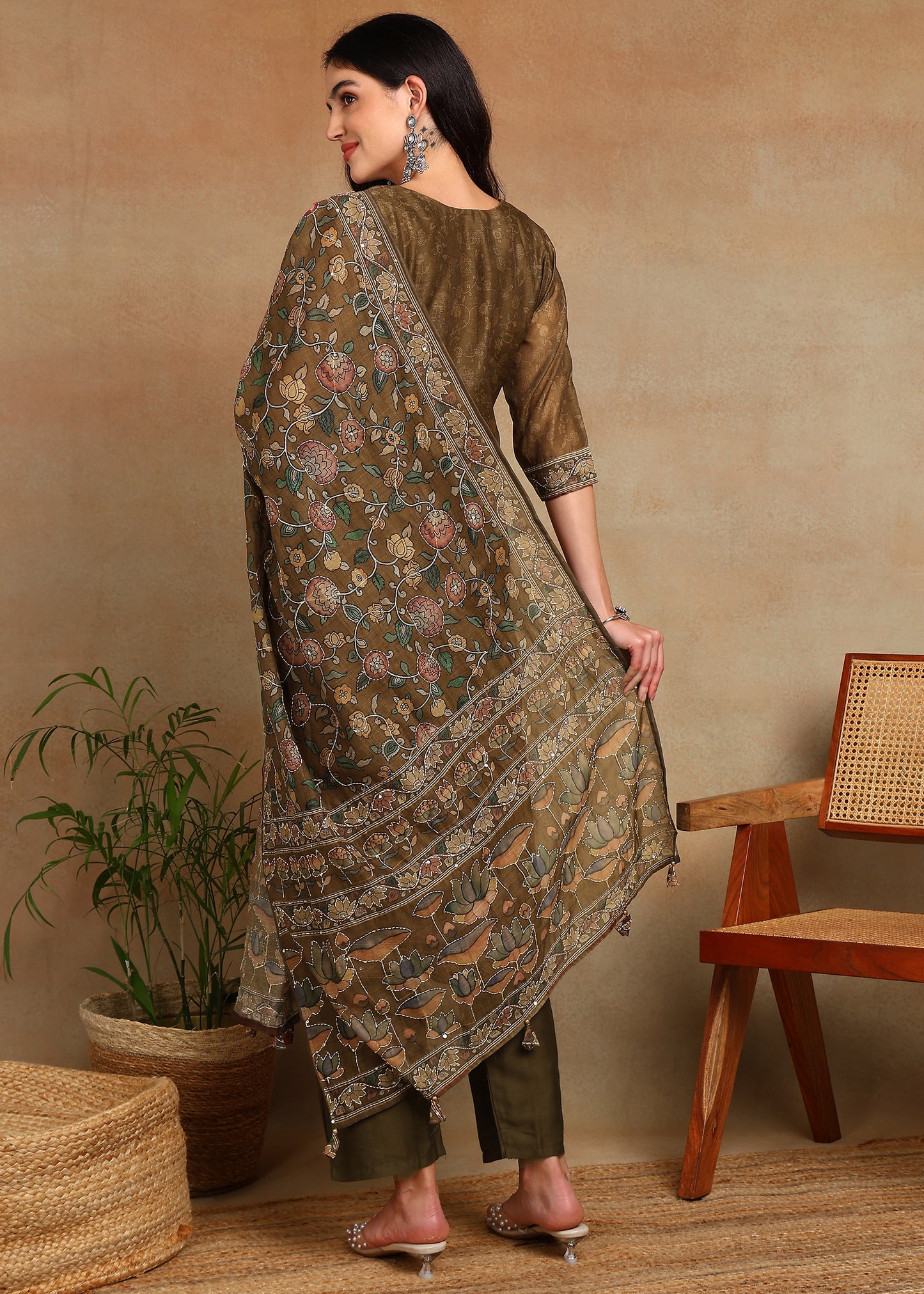 Women's Olive-Green Ethnic Motif Printed Kurta with Kantha & Sequin Work, Paired with Trousers and Dupatta