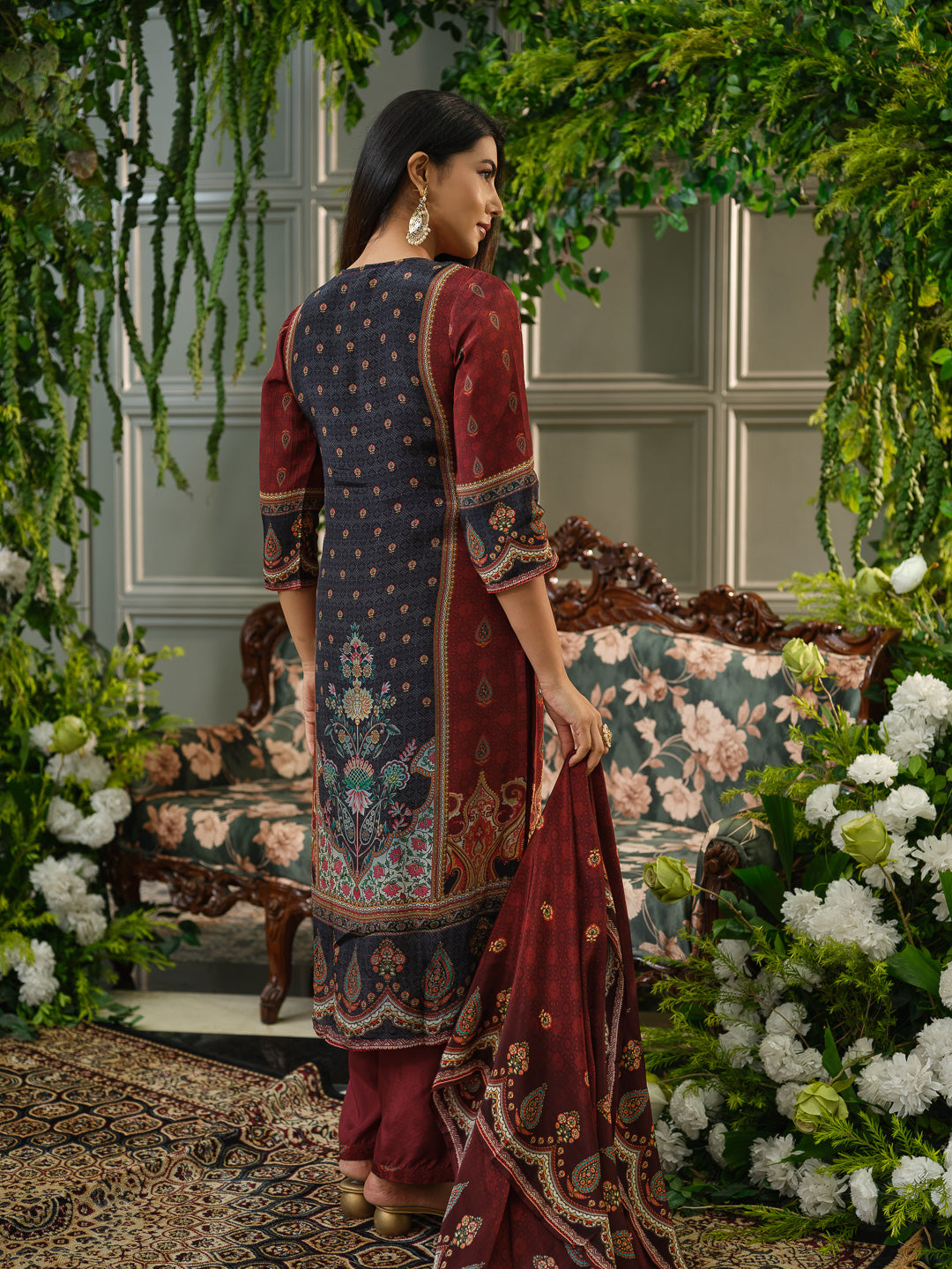 Maroon & Black Printed Kurta Set with Embroidered Yoke, Pants & Dupatta