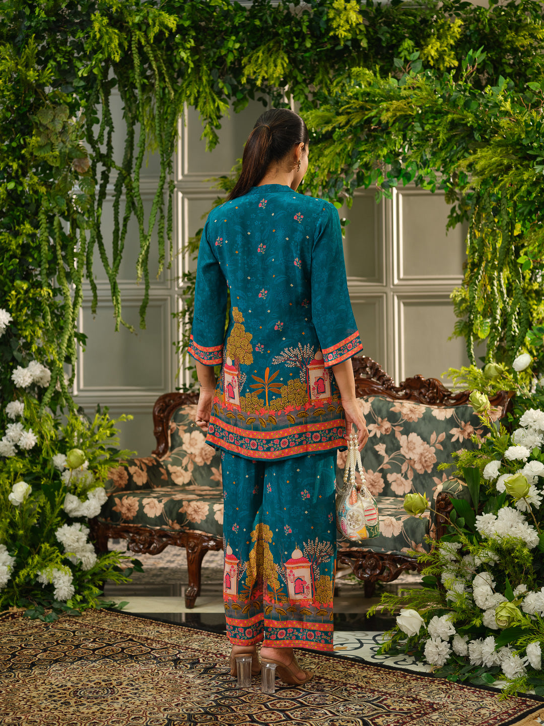 Teal Digital Print Co-ord Set with Heavy Handwork