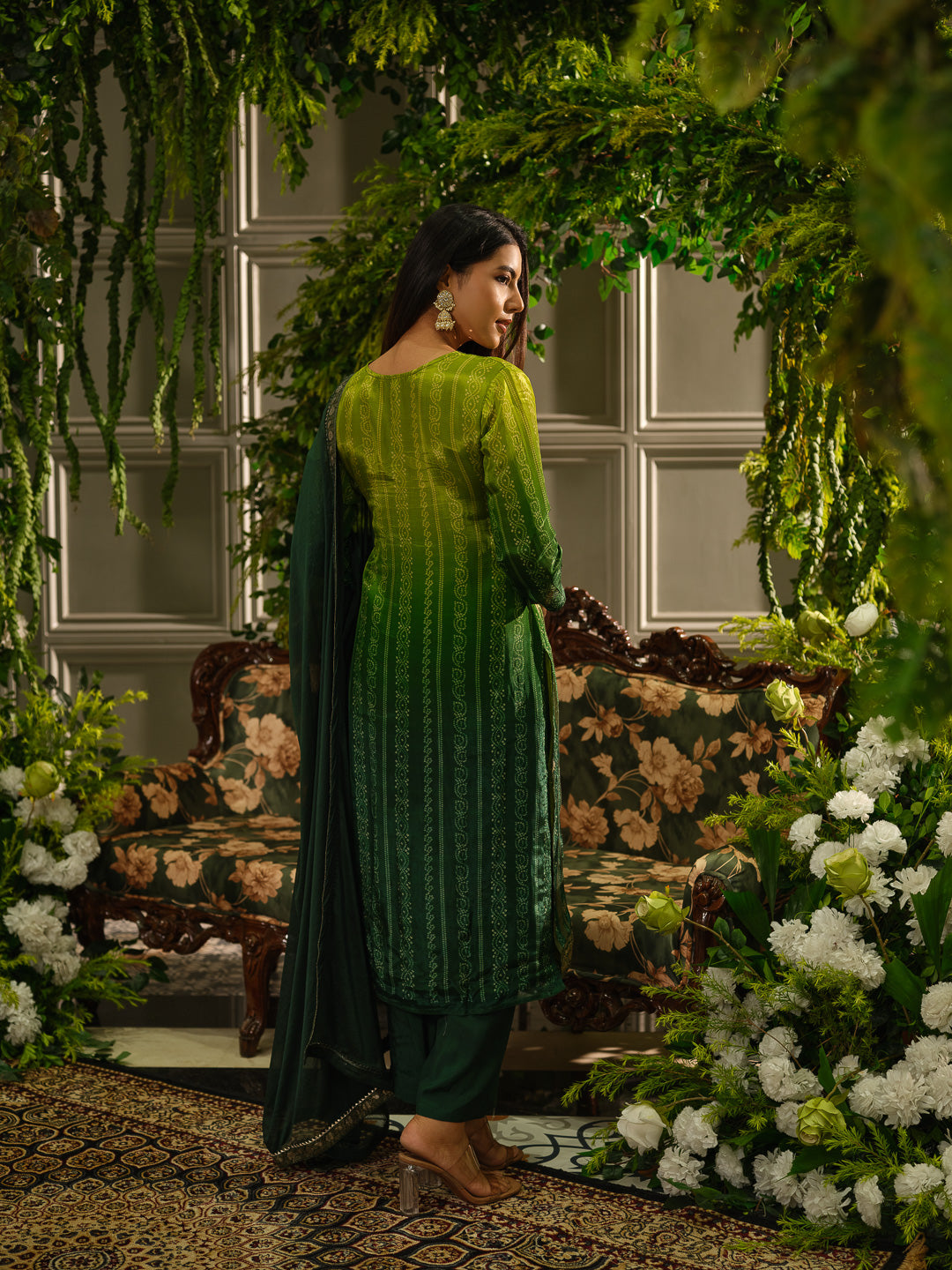 Bandhani Printed V-Neck Straight Kurta With Trouser & Dupatta