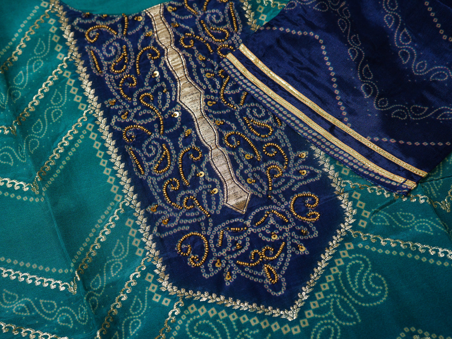 Teal & Navy Blue Crepe Silk Kurta Set with Chiffon Dupatta & Handwork