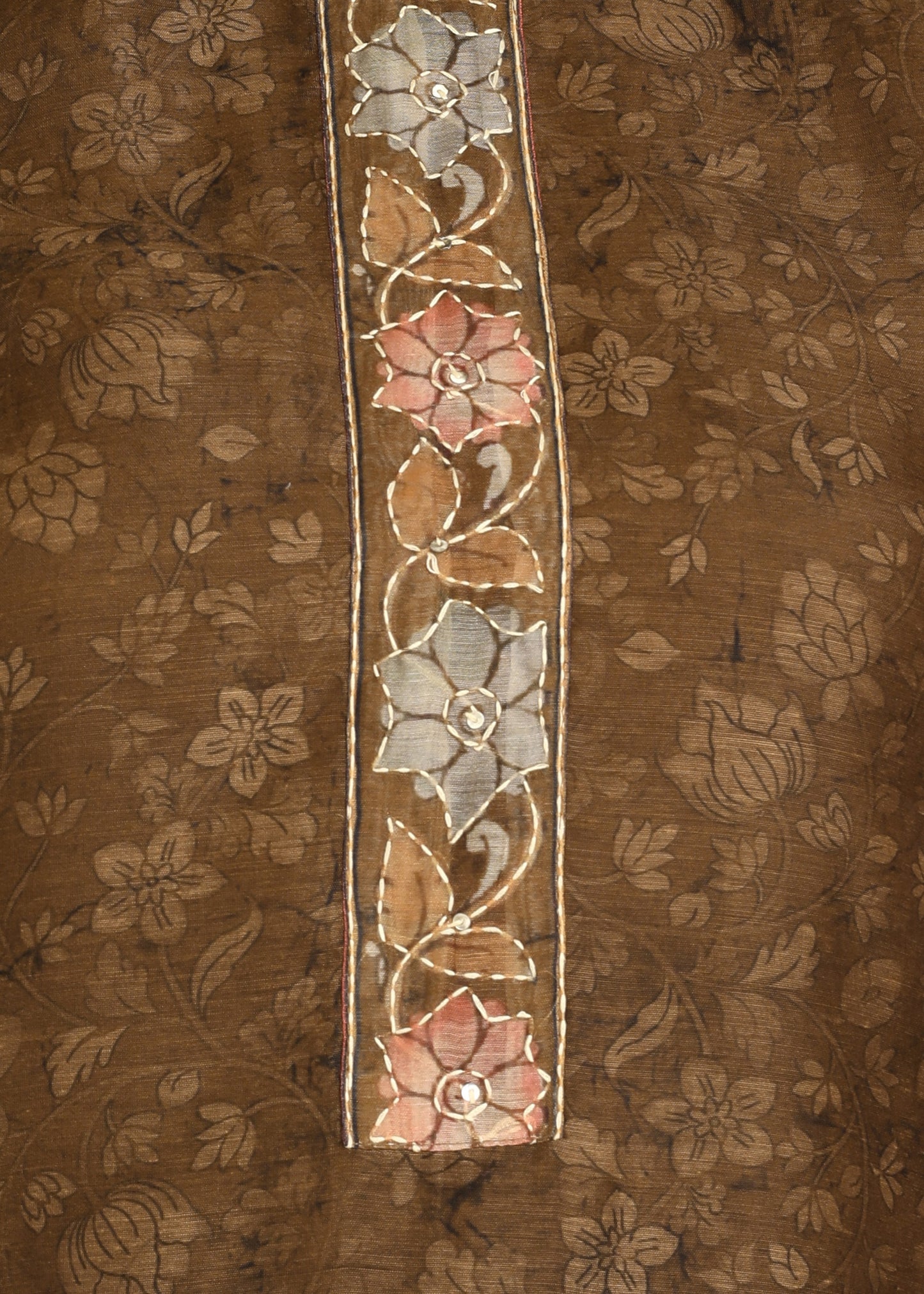 Women's Mustard Ethnic Motif Printed Kurta with Kantha & Sequin Work, Paired with Trousers and Dupatta