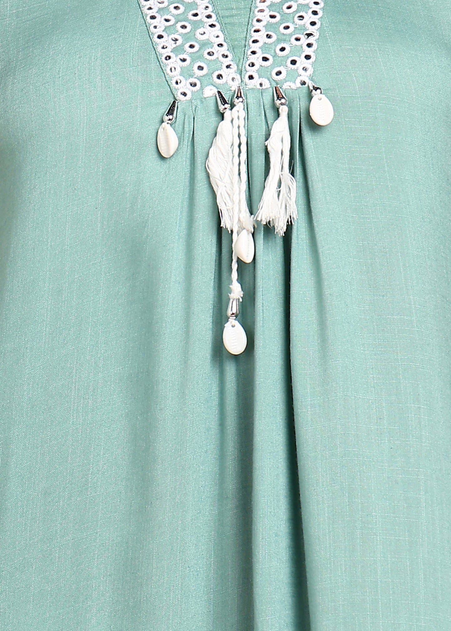 Sky-BlueRayon Slub Kurti with White Embroidered Lace Detailing