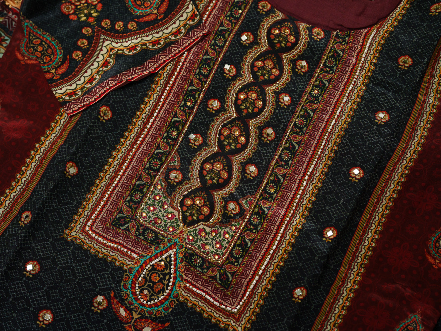 Maroon & Black Printed Kurta Set with Embroidered Yoke, Pants & Dupatta