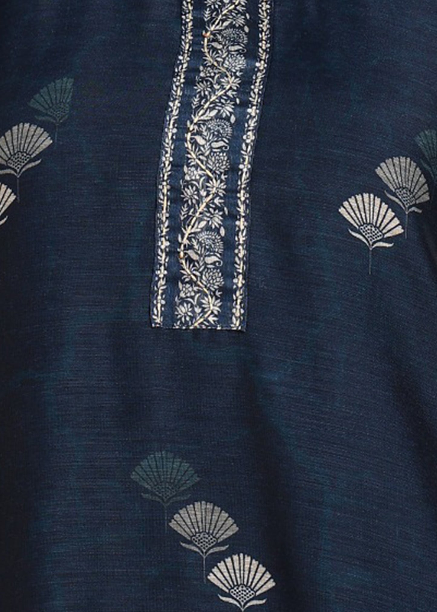 Women's Navy-Blue Ethnic Motif Printed Kurta with Kantha & Sequin Work, Paired with Trousers and Dupatta