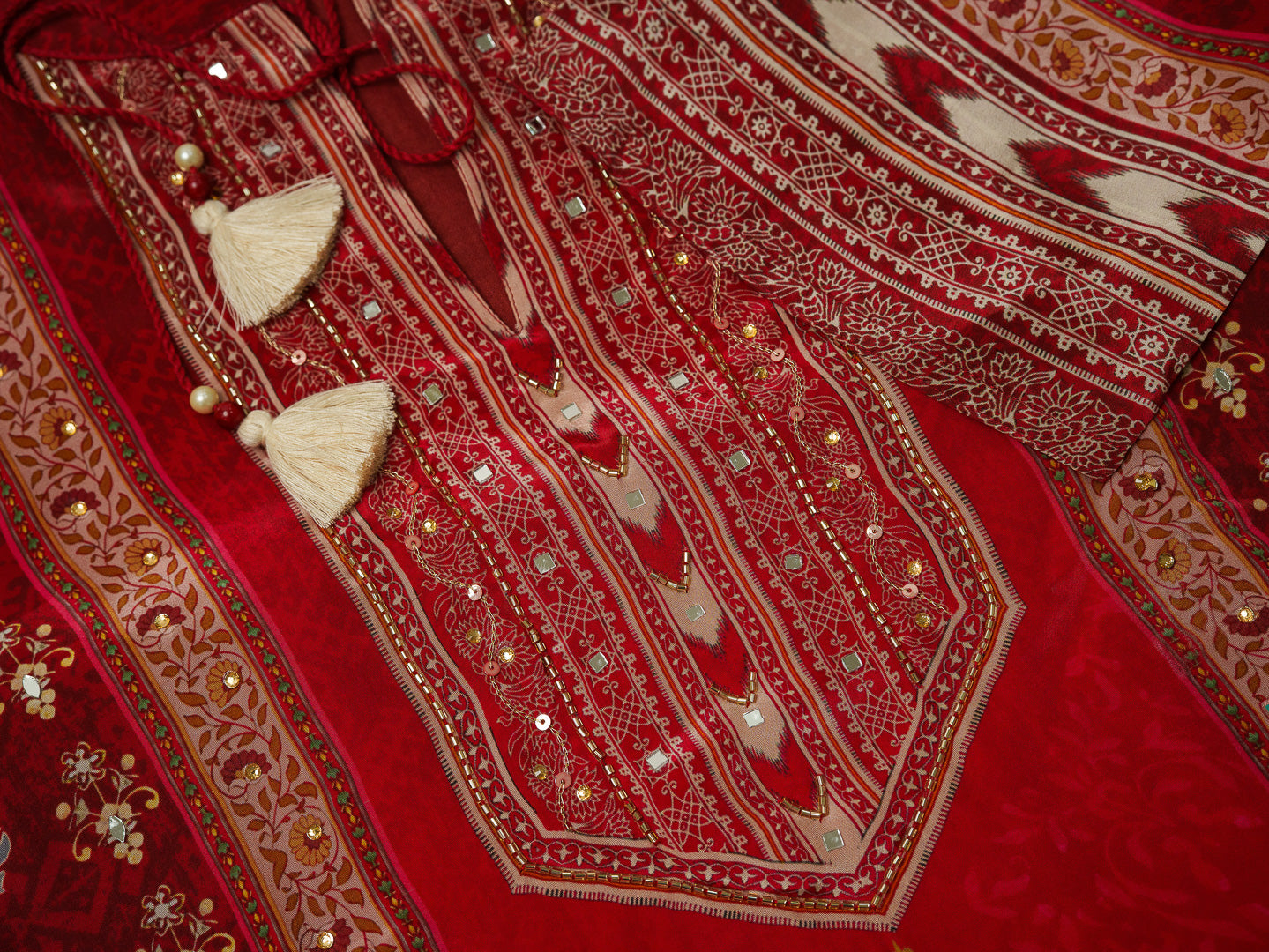 Red Digital Print Kurta Set with Heavy Handwork & Dupatta