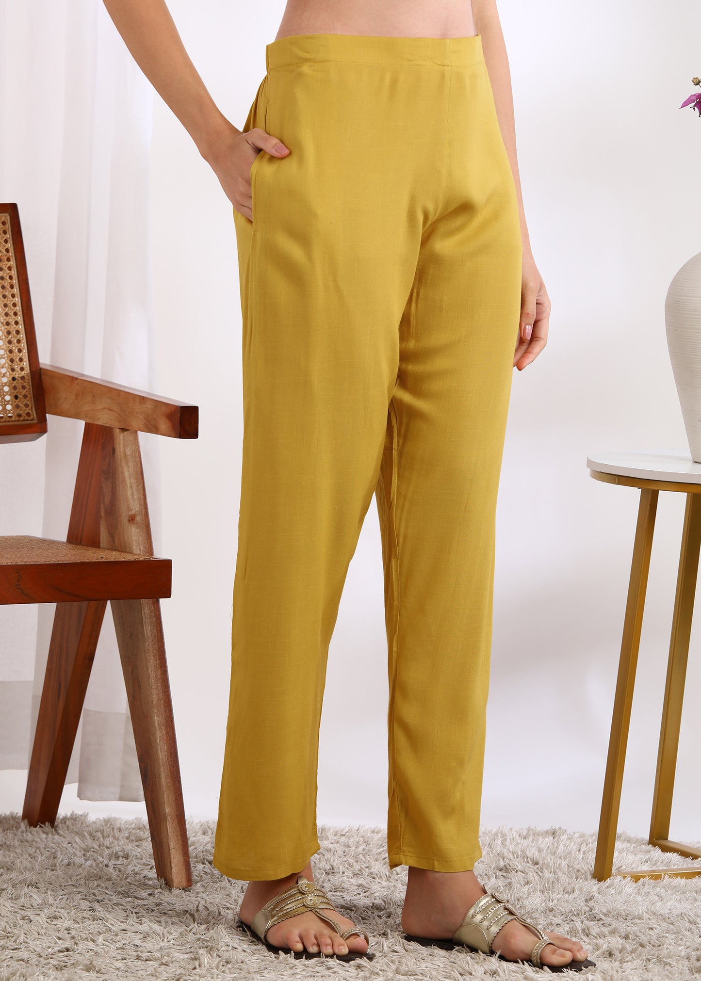 Women Mustard Rayon Embroidered Kurta Set with Printed Muslin Dupatta