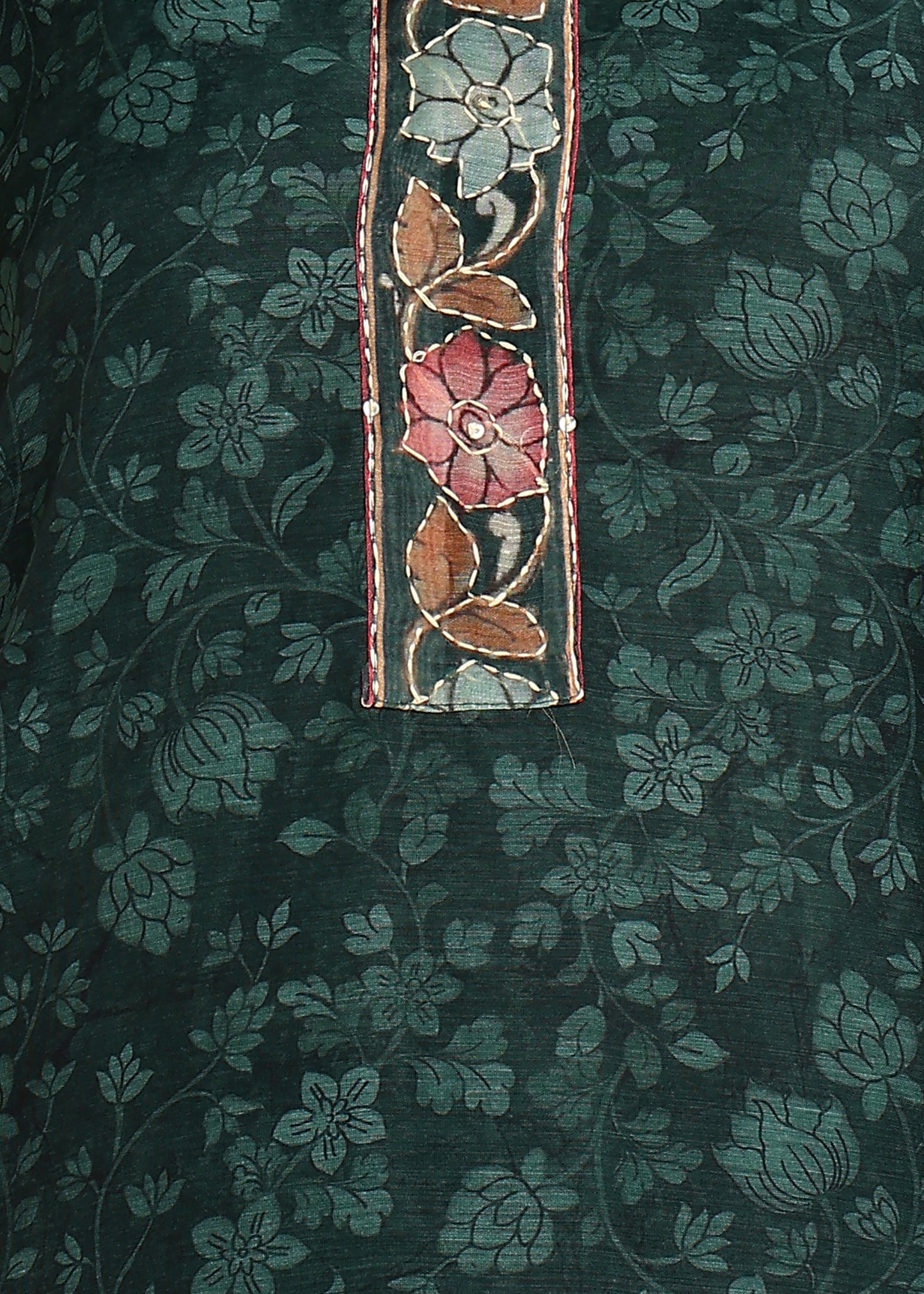 Women's Green Ethnic Motif Printed Kurta with Kantha & Sequin Work, Paired with Trousers and Dupatta