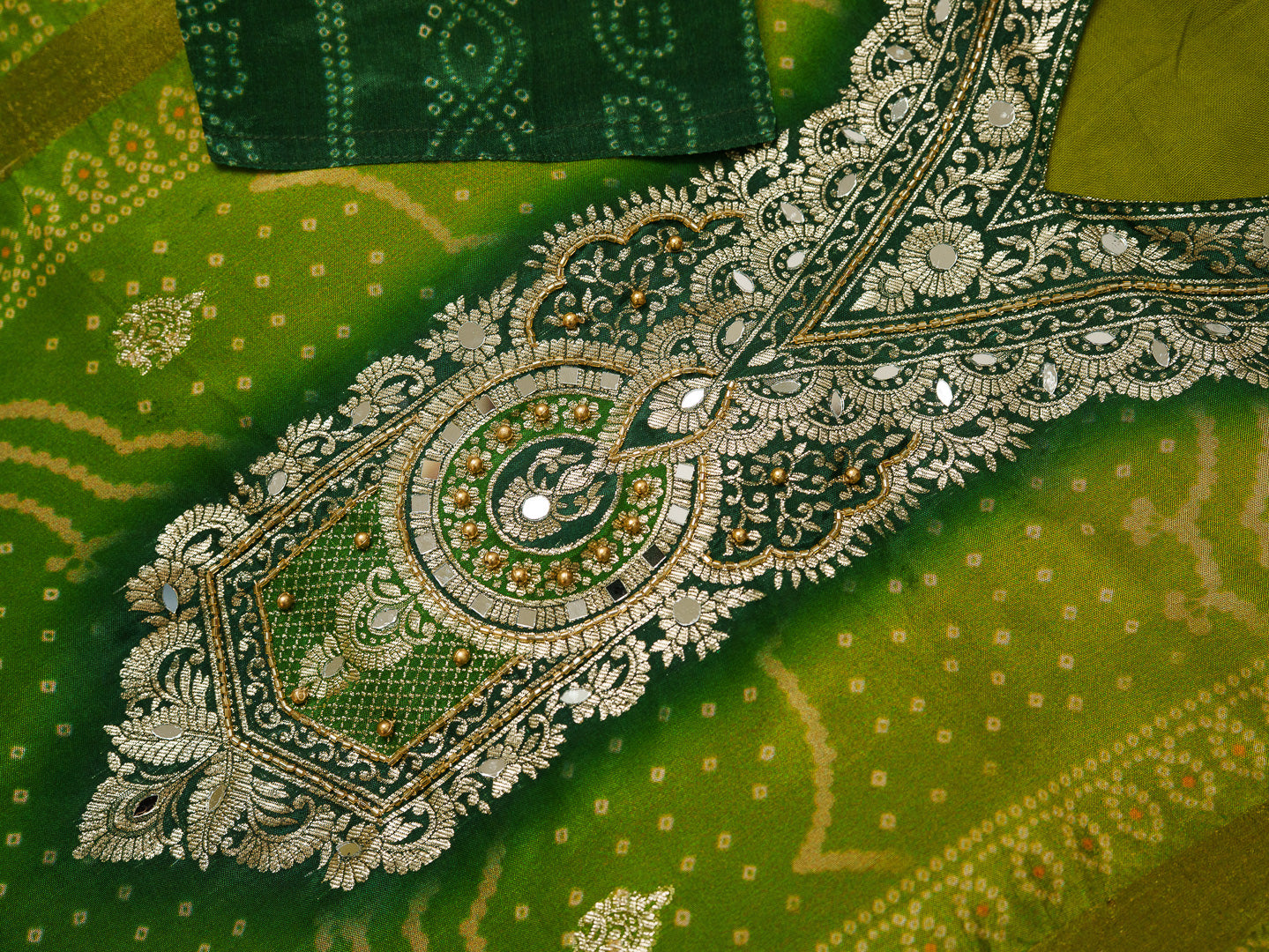Bandhani Printed V-Neck Straight Kurta With Trouser & Dupatta