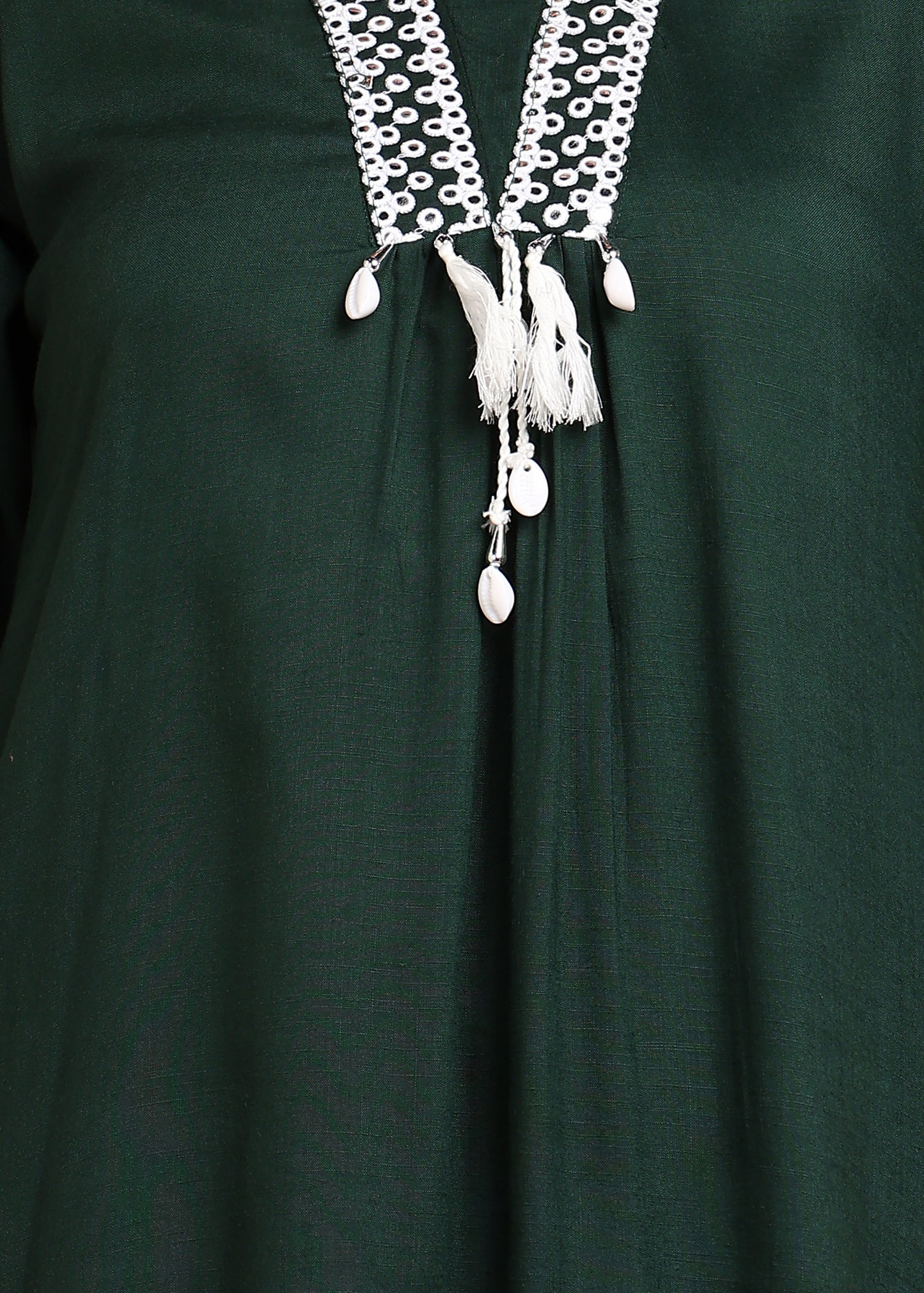 Bottle Green Rayon Slub Kurti with White Embroidered Lace Detailing