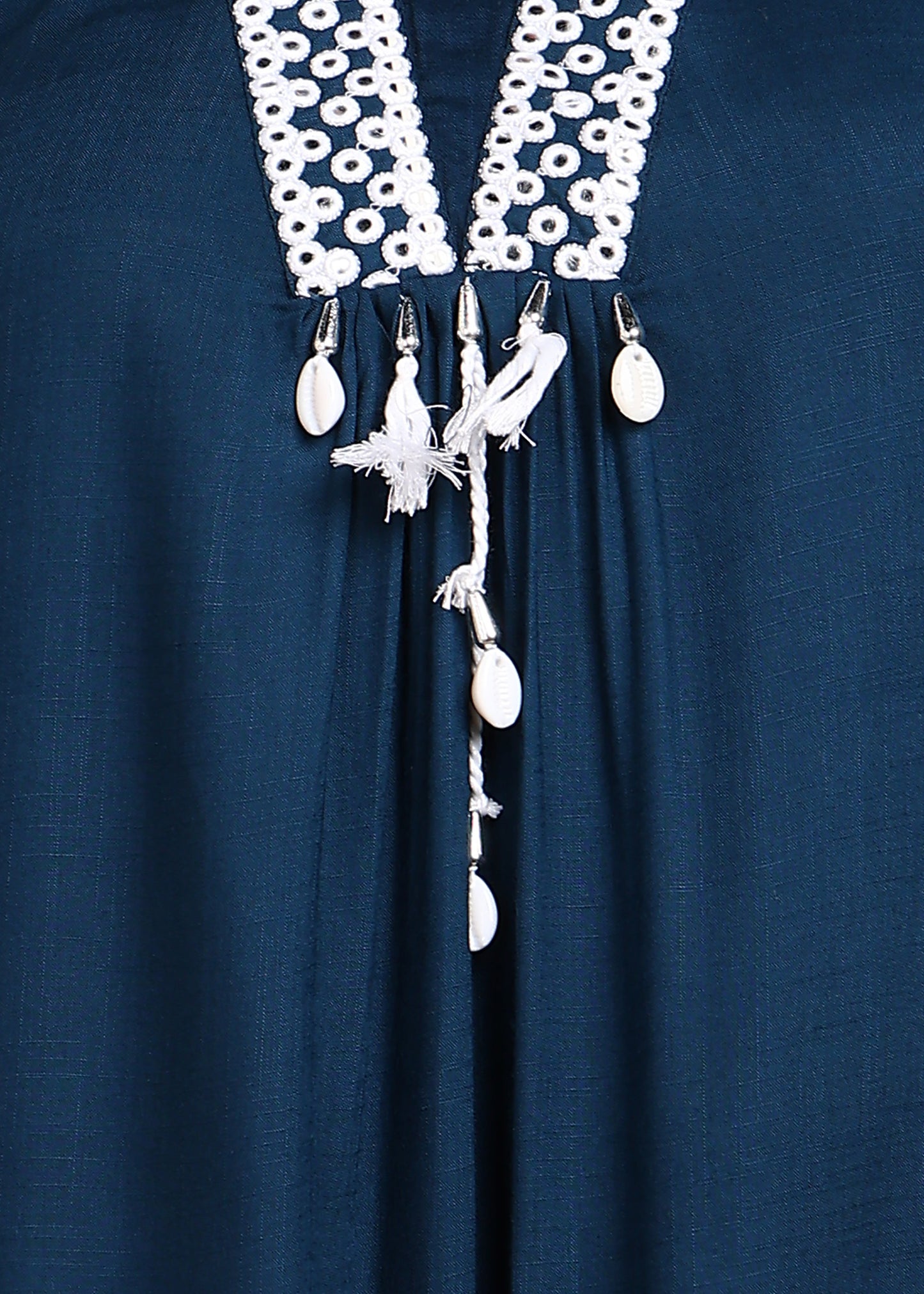 Navy-Blue Rayon Slub Kurti with White Embroidered Lace Detailing