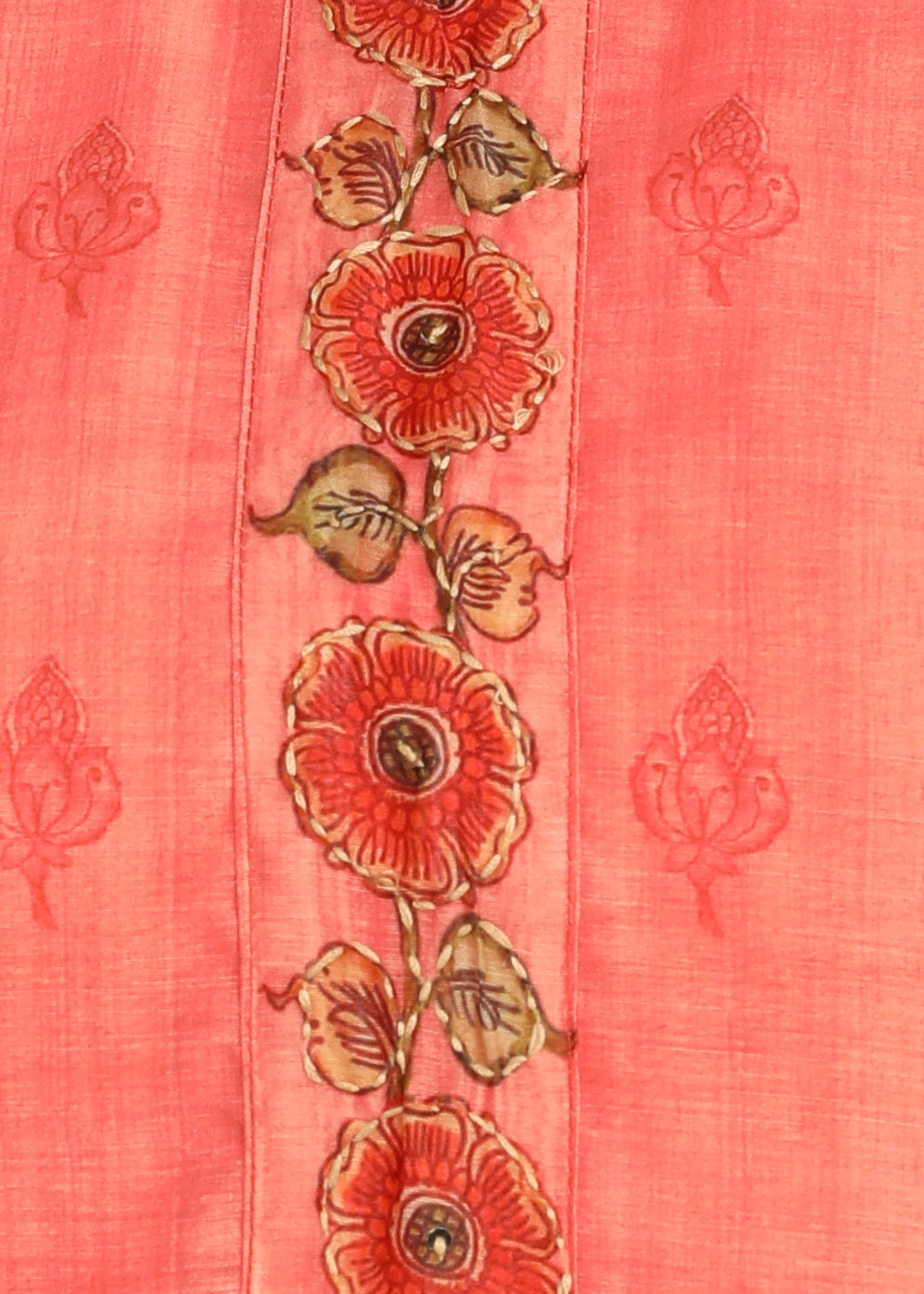 Women's Peach Ethnic Motif Printed Kurta with Kantha & Sequin Work, Paired with Trousers and Dupatta