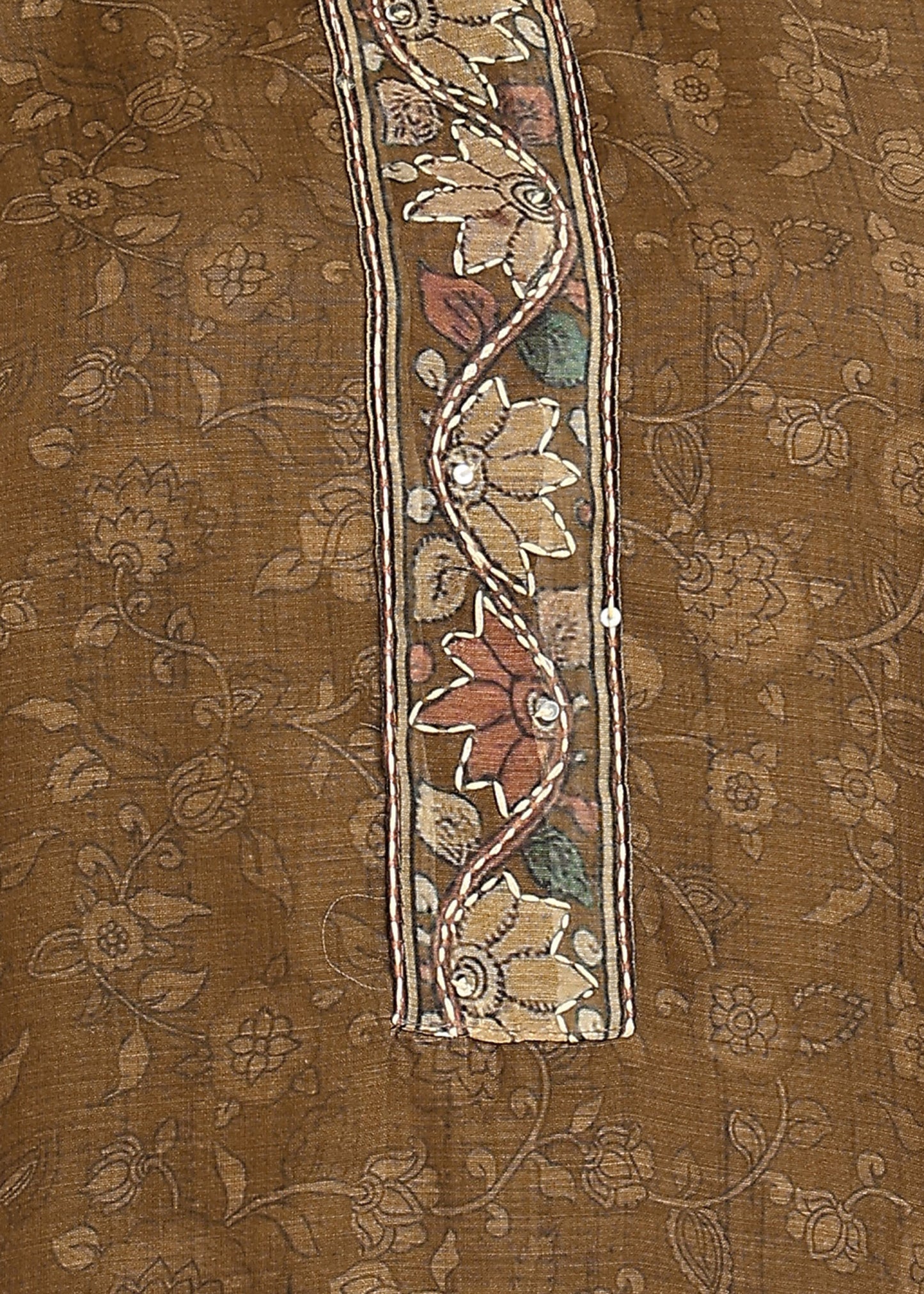 Women's Olive-Green Ethnic Motif Printed Kurta with Kantha & Sequin Work, Paired with Trousers and Dupatta