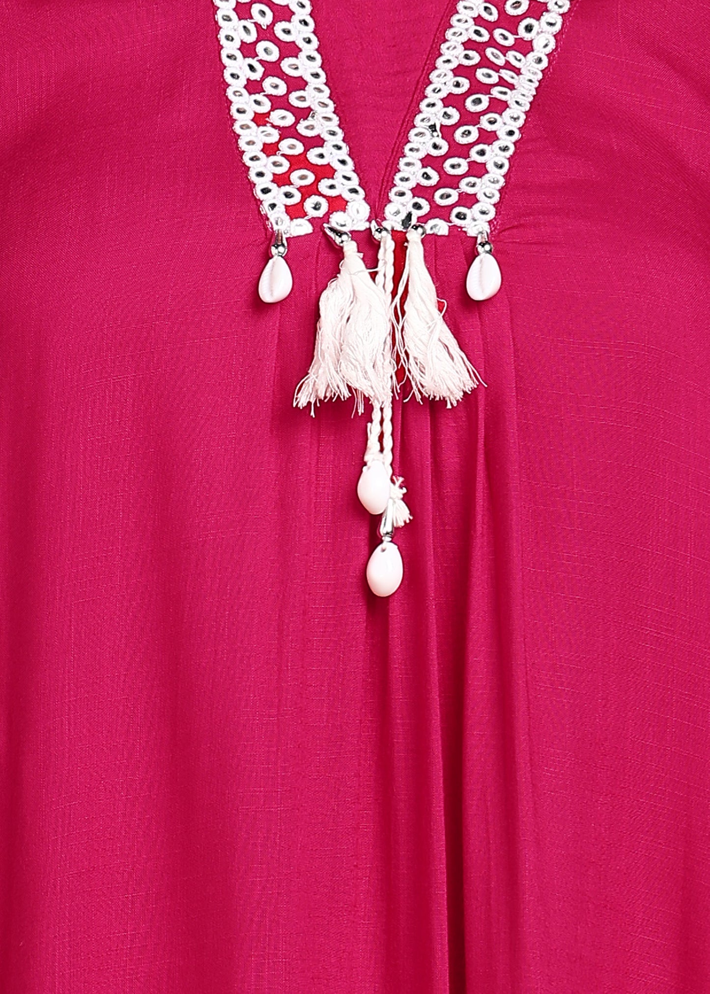 Pink Rayon Slub Kurti with White Embroidered Lace Detailing