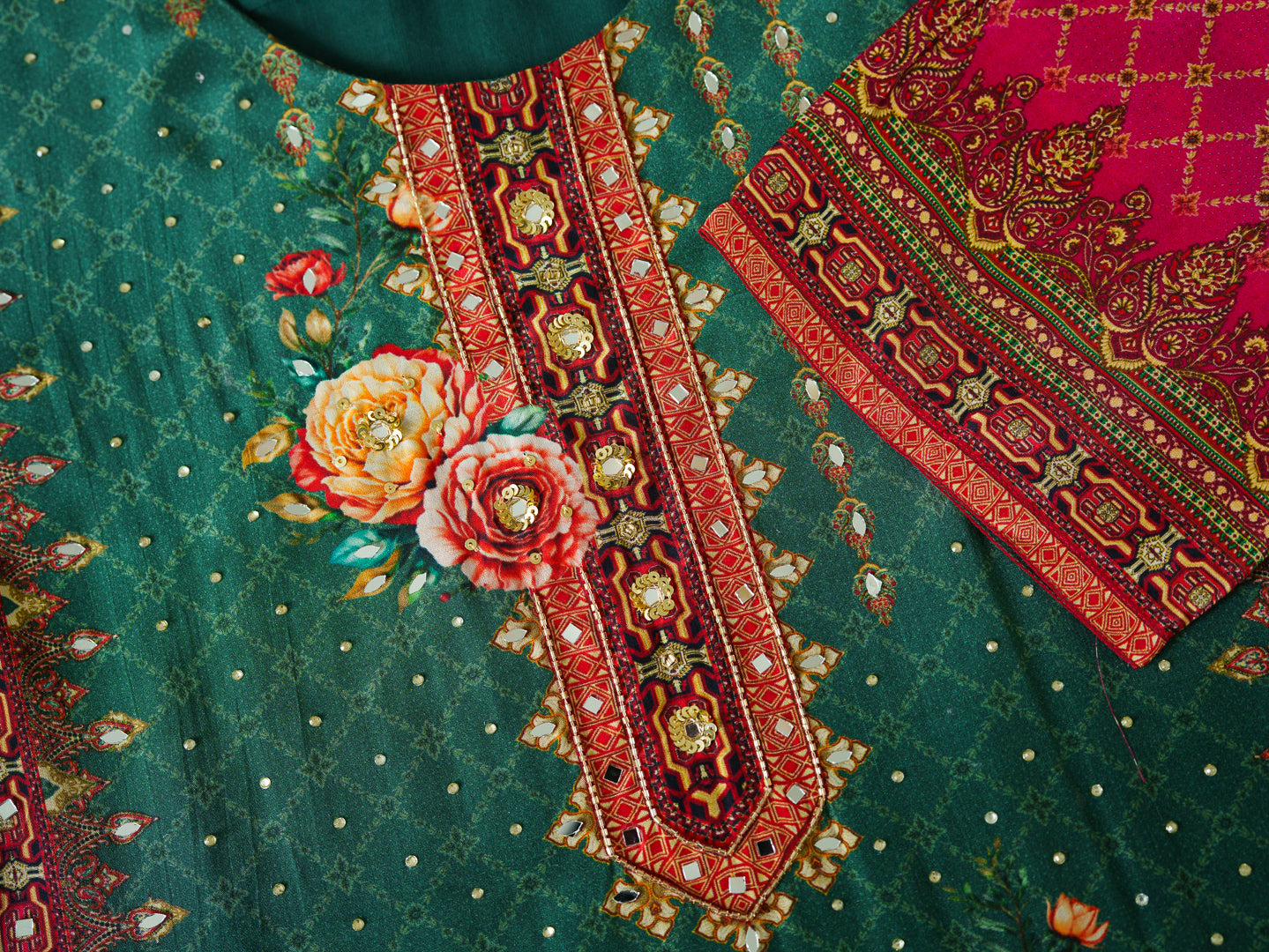 Elegant Green And Pink Floral Embroidered Kurta With Dupatta