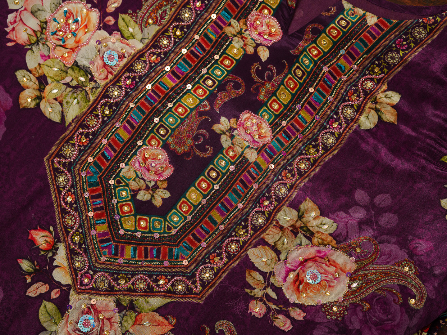 Wine & Purple Crepe Silk Floral Printed Kurta Set with Dupatta