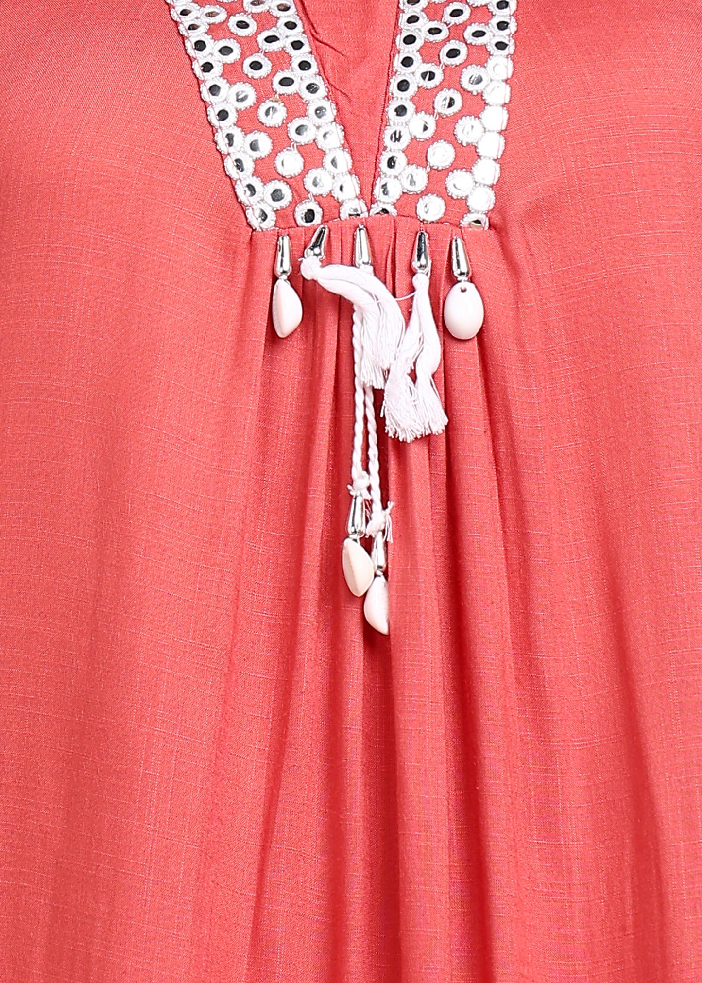 Peach Rayon Slub Kurti with White Embroidered Lace Detailing