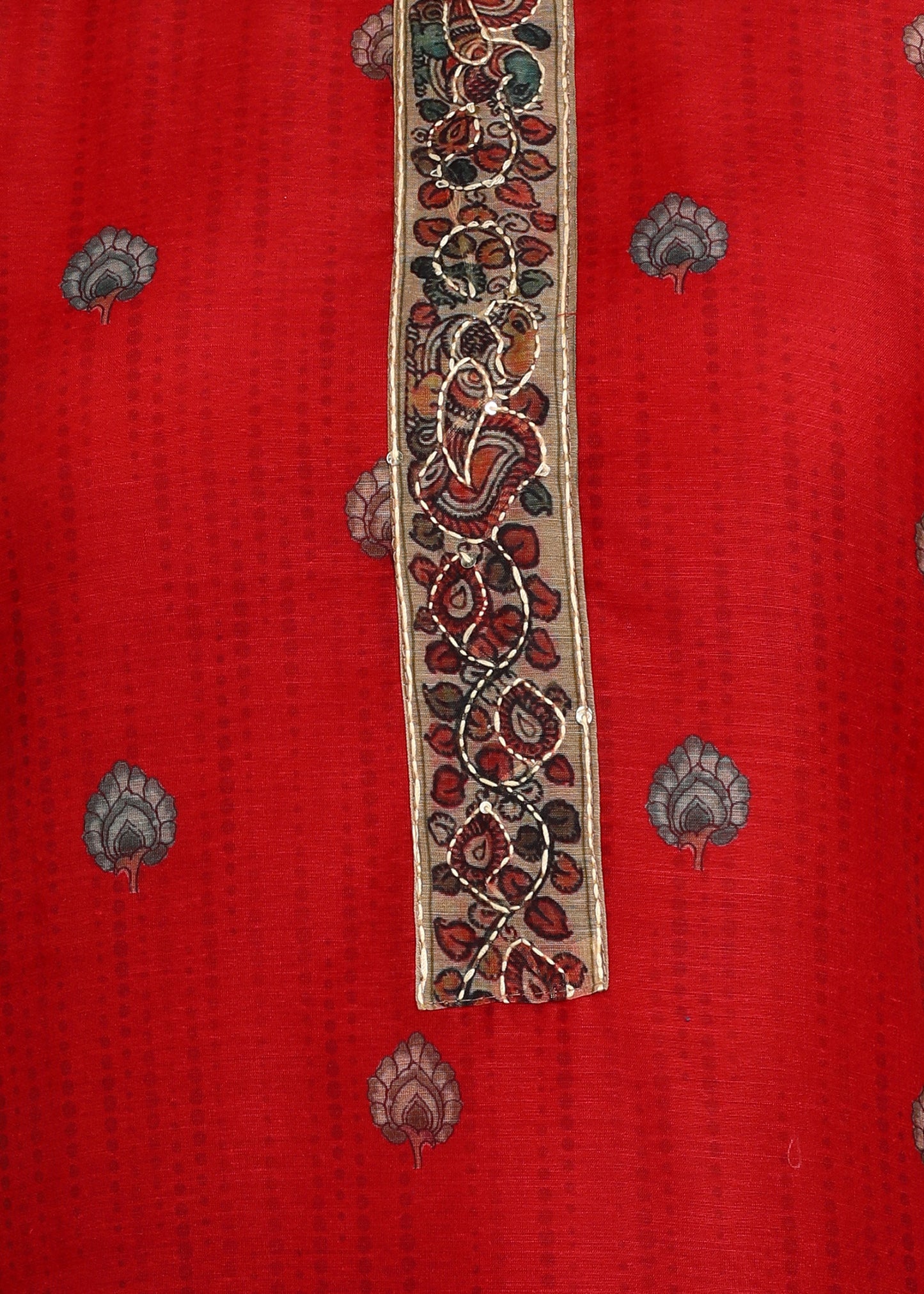 Women's Red Ethnic Motif Printed Kurta with Kantha & Sequin Work, Paired with Trousers and Dupatta