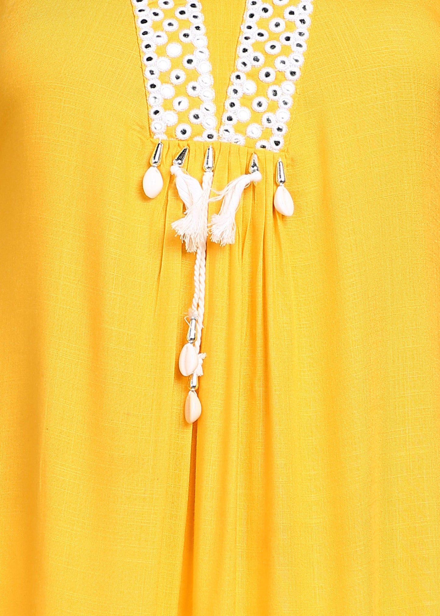 Yellow Rayon Slub Kurti with White Embroidered Lace Detailing