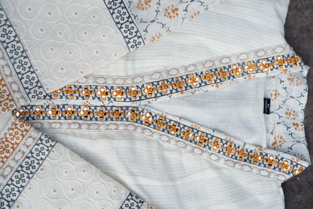 Women Ethnic Motifs Printed Panelled Mirror Work Kurta with Trousers & With Dupatta