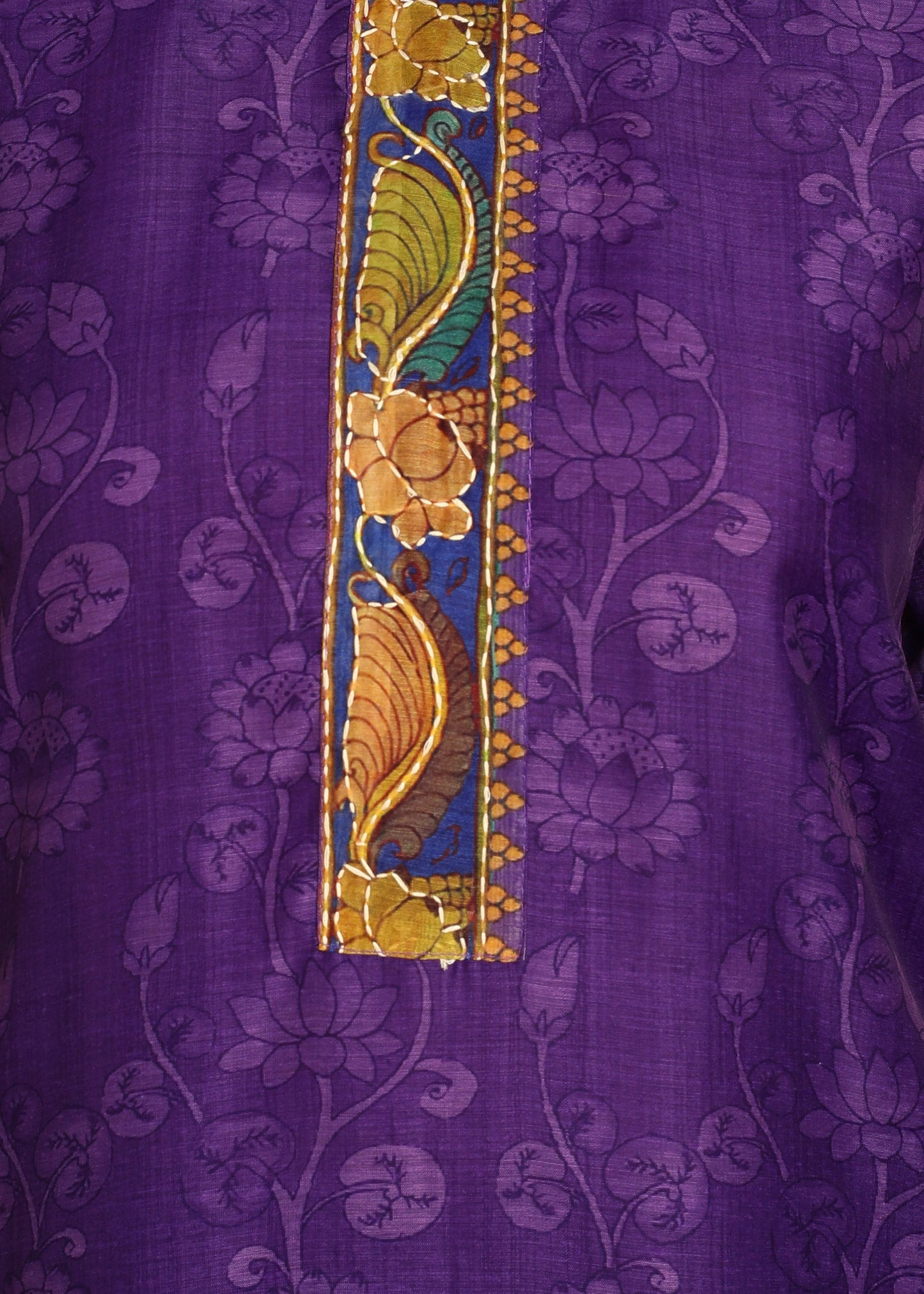 Women's Purple Ethnic Motif Printed Kurta with Kantha & Sequin Work, Paired with Trousers and Dupatta