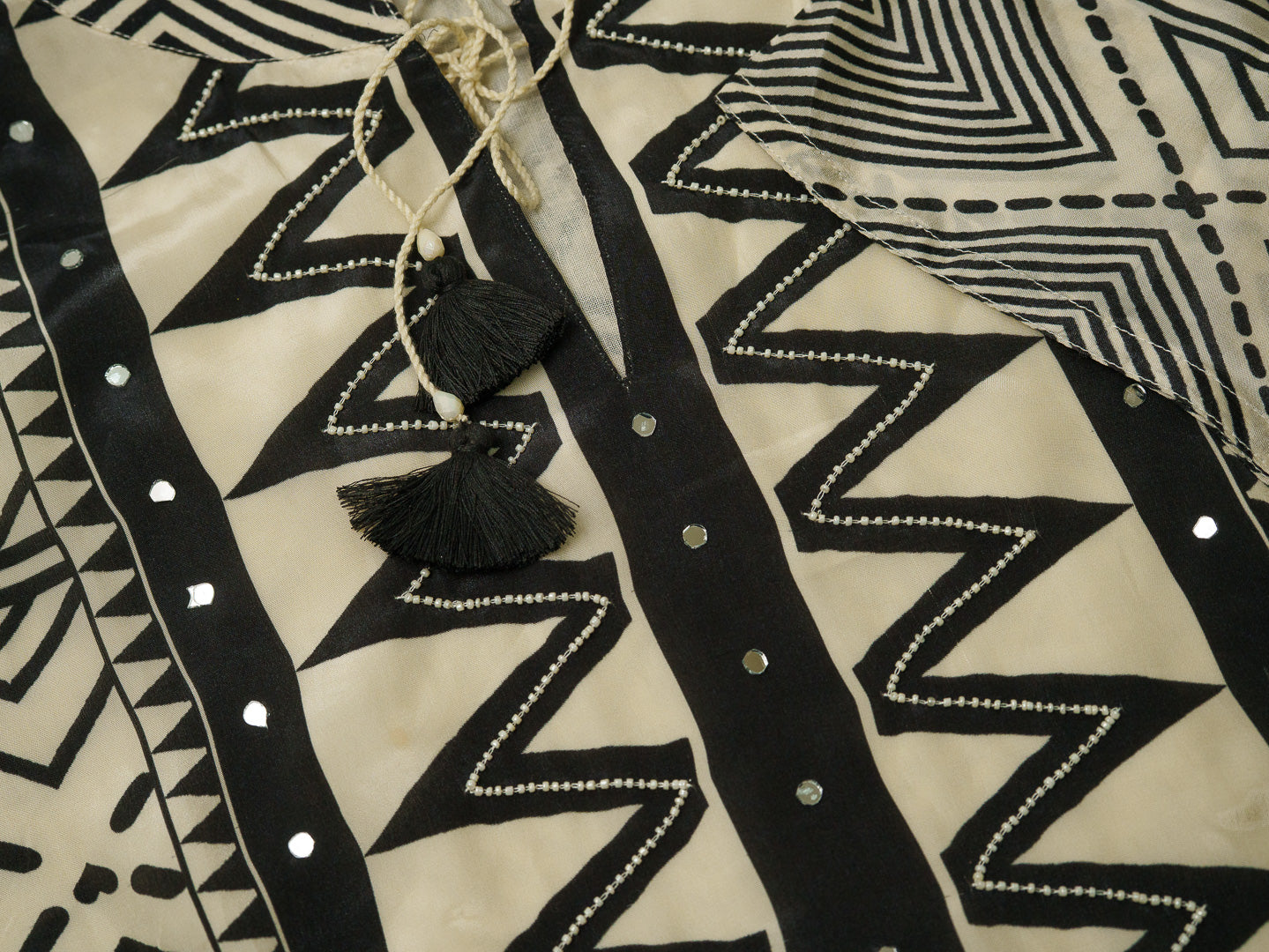 Elegant Black & Off White Geometric Printed Cotton Kurta Set